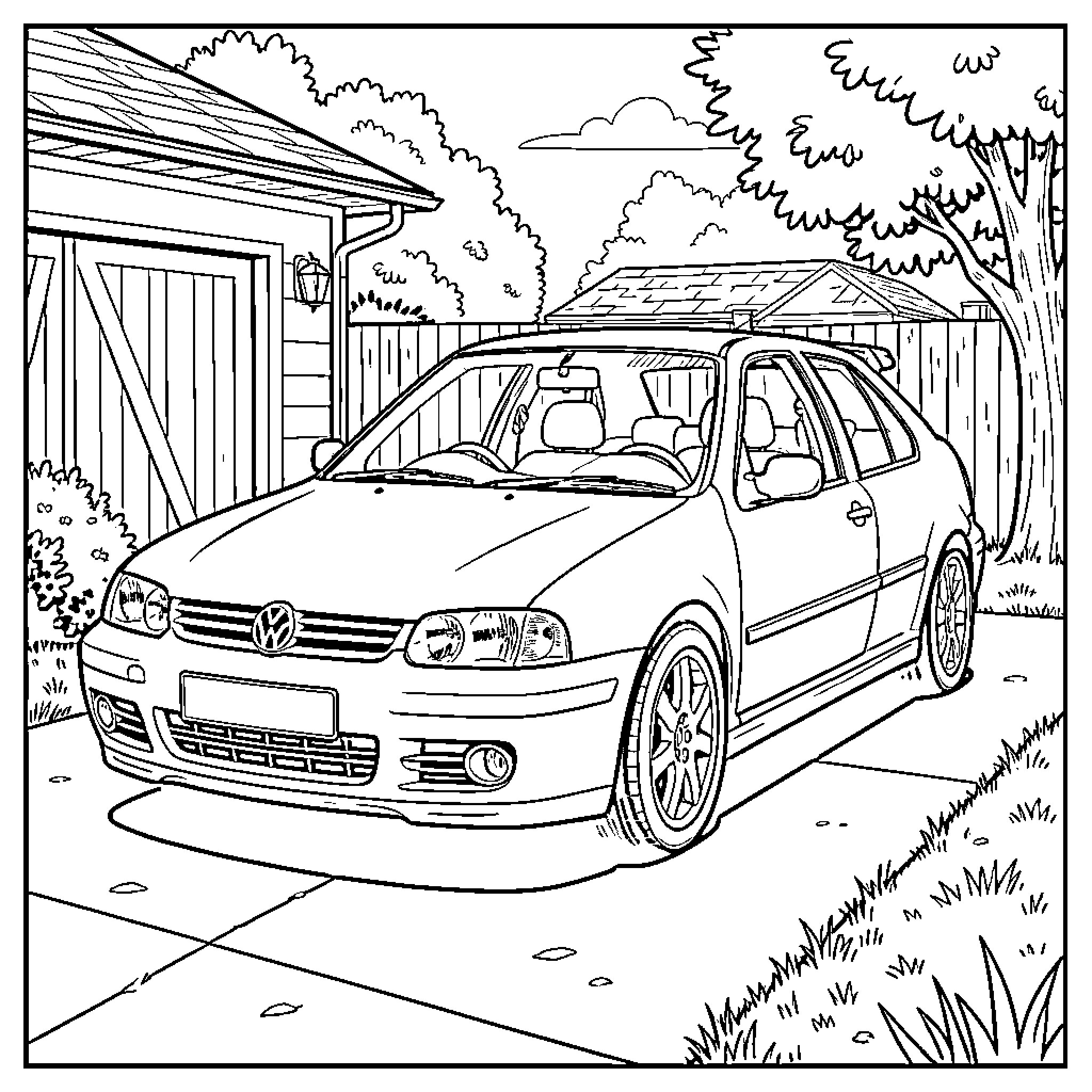 Golf car parked in a residential driveway Coloring Page (free black-and-white line drawing printable PDF for all, from beginners to advanced learners, including children, teens, adults, and seniors)