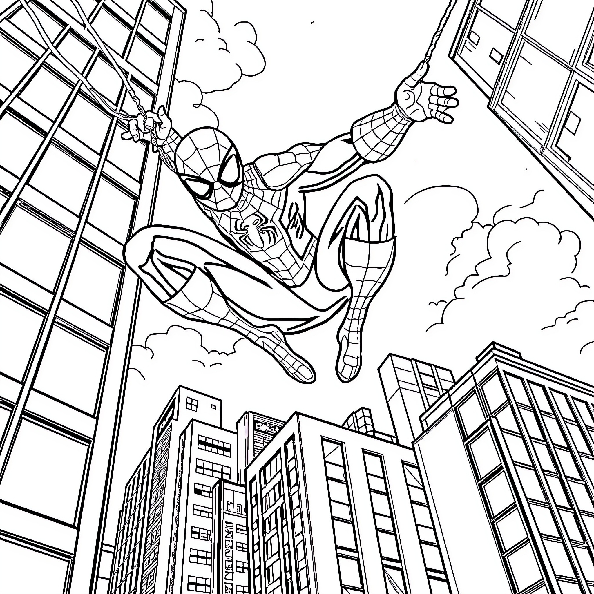Spider-Man swinging through the city skyline Coloring Page (free black-and-white line drawing printable PDF for all, from beginners to advanced learners, including children, teens, adults, and seniors)