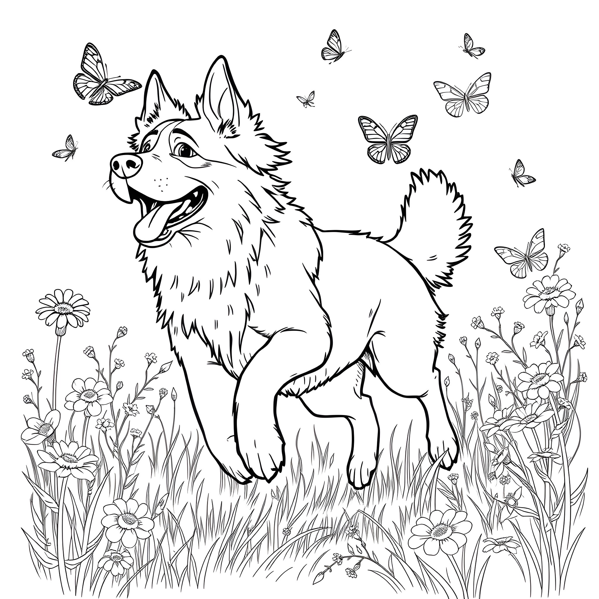 Dog playing happily with butterflies in the garden Coloring Page (free black-and-white line drawing printable PDF for all, from beginners to advanced learners, including children, teens, adults, and seniors)