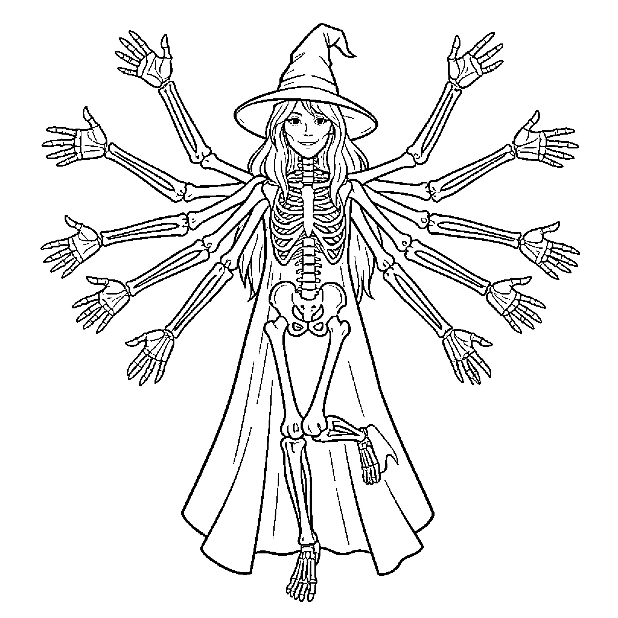 Sorcière with many skeleton arms spreading outwards Coloring Page (free black-and-white line drawing printable PDF for all, from beginners to advanced learners, including children, teens, adults, and seniors)