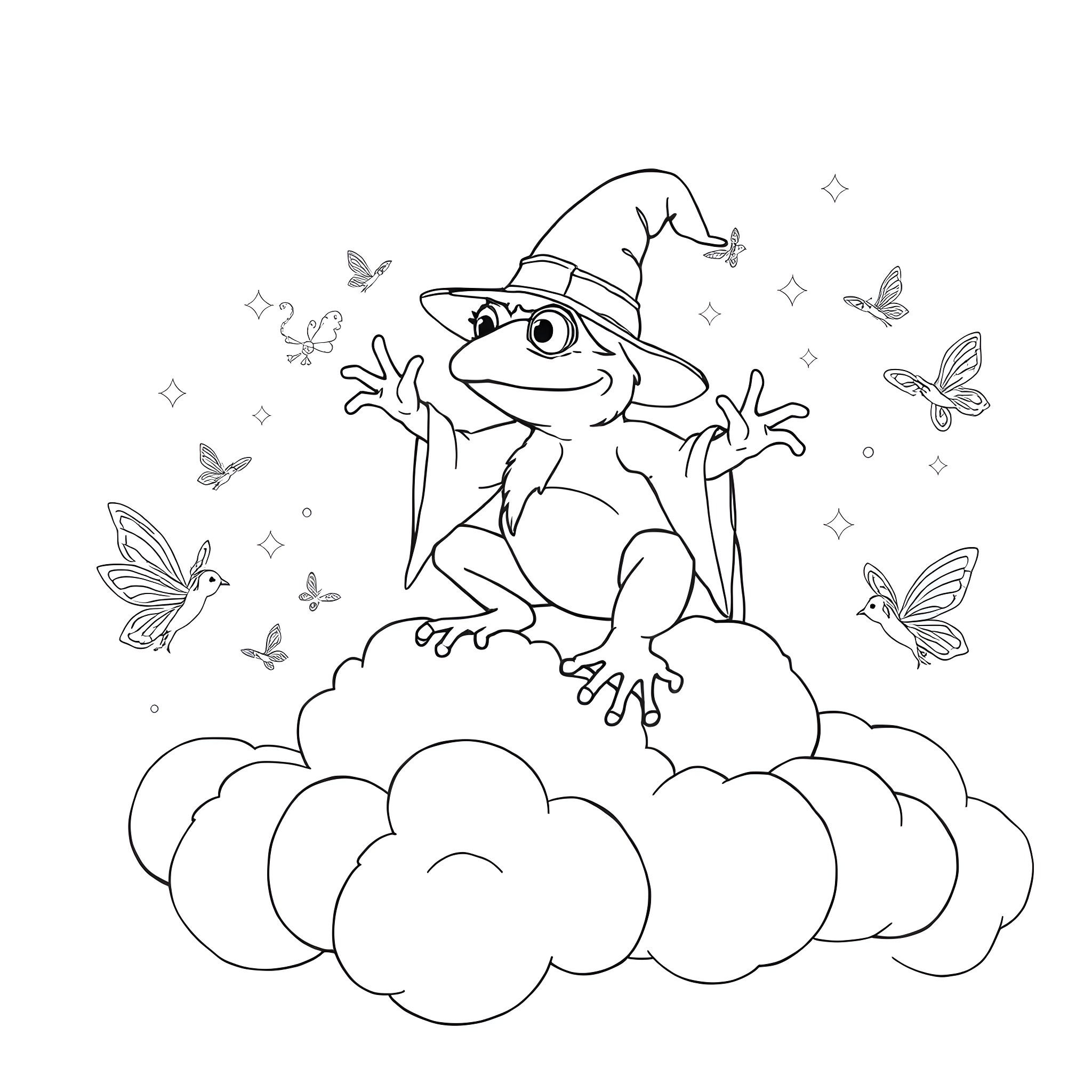 Frog Enjoying Whimsical Cloud Surroundings Coloring Page (free black-and-white line drawing printable PDF for all, from beginners to advanced learners, including children, teens, adults, and seniors)