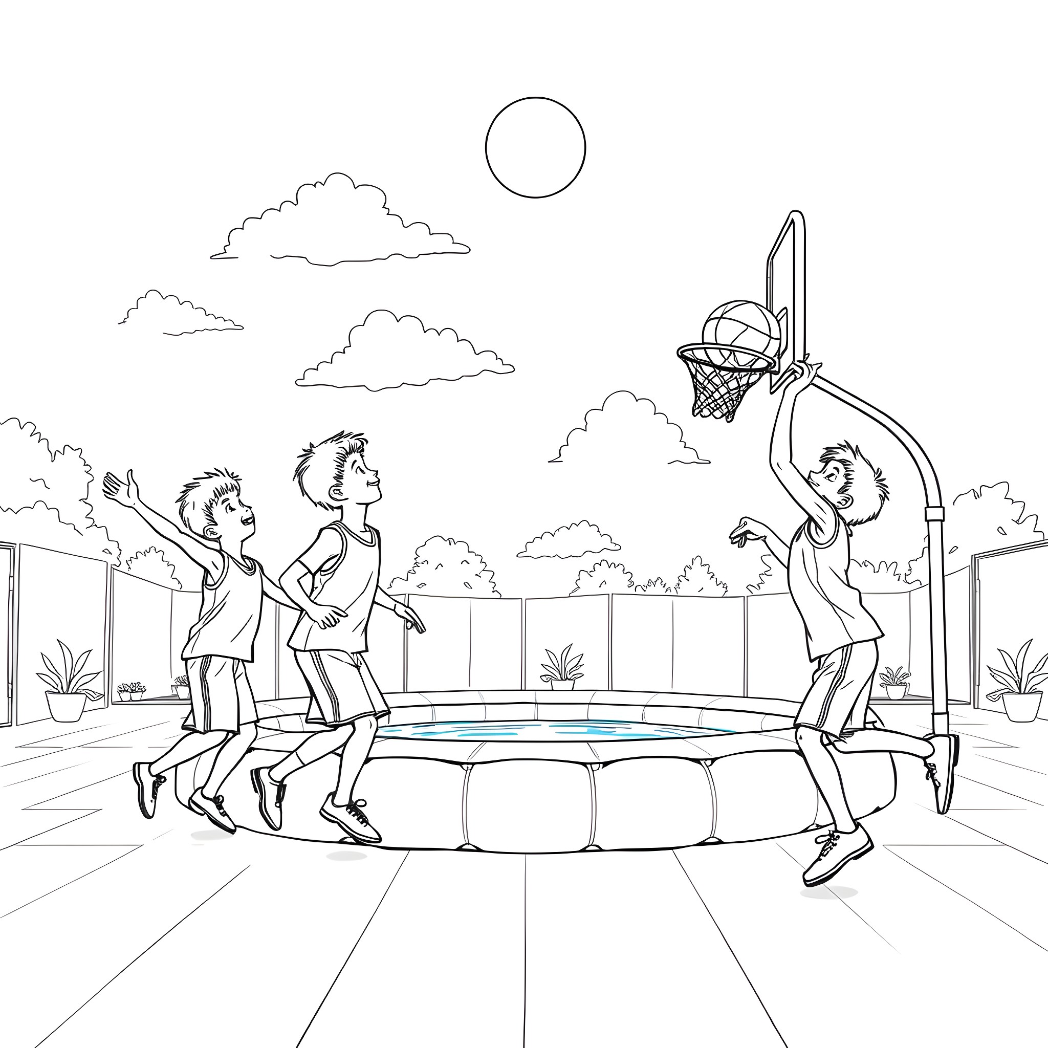 Boy playing basketball with friends on summer day Coloring Page (free black-and-white line drawing printable PDF for all, from beginners to advanced learners, including children, teens, adults, and seniors)