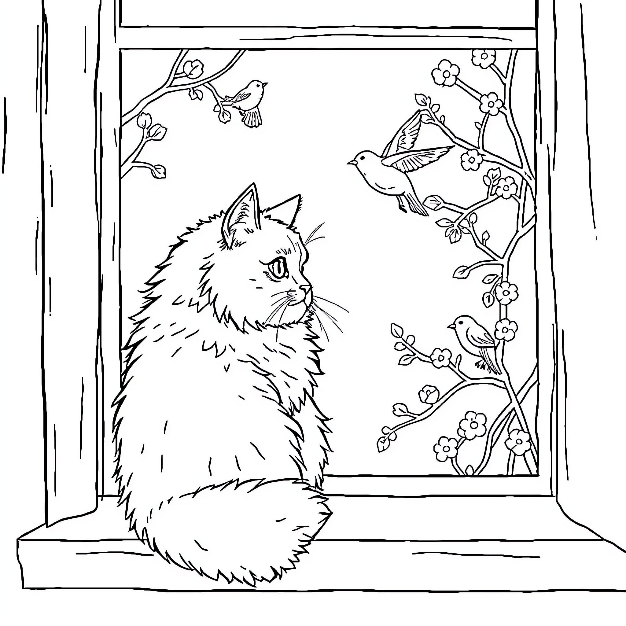 Cat gazing out window at birds and flowers Coloring Page (free black-and-white line drawing printable PDF for all, from beginners to advanced learners, including children, teens, adults, and seniors)
