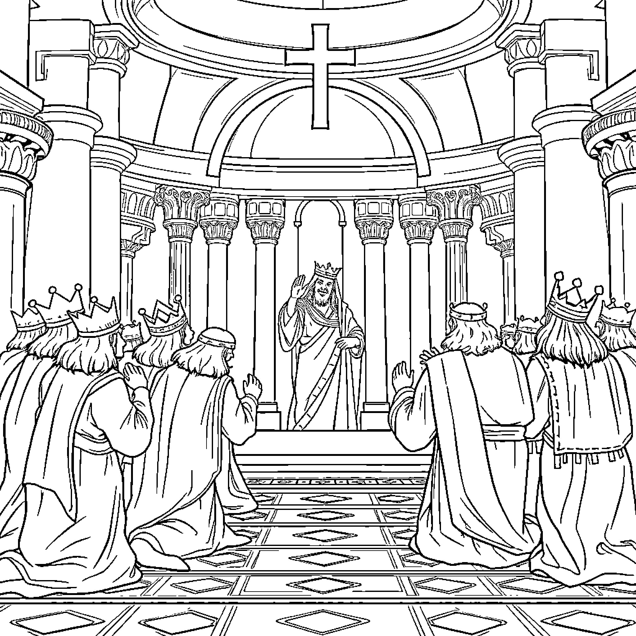 King Presiding Over His Royal Court Coloring Page (free black-and-white line drawing printable PDF for all, from beginners to advanced learners, including children, teens, adults, and seniors)