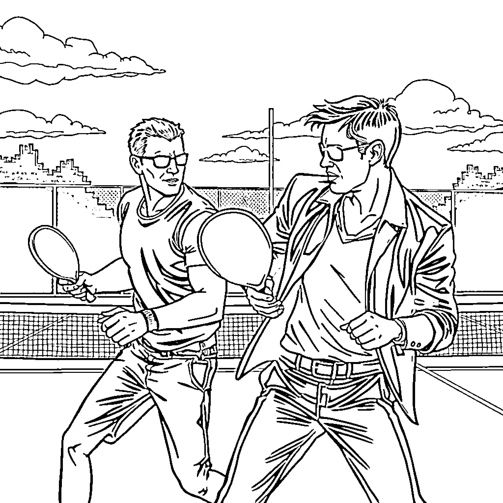 Jason Bourne in intense tennis match against rival Coloring Page (free black-and-white line drawing printable PDF for all, from beginners to advanced learners, including children, teens, adults, and seniors)