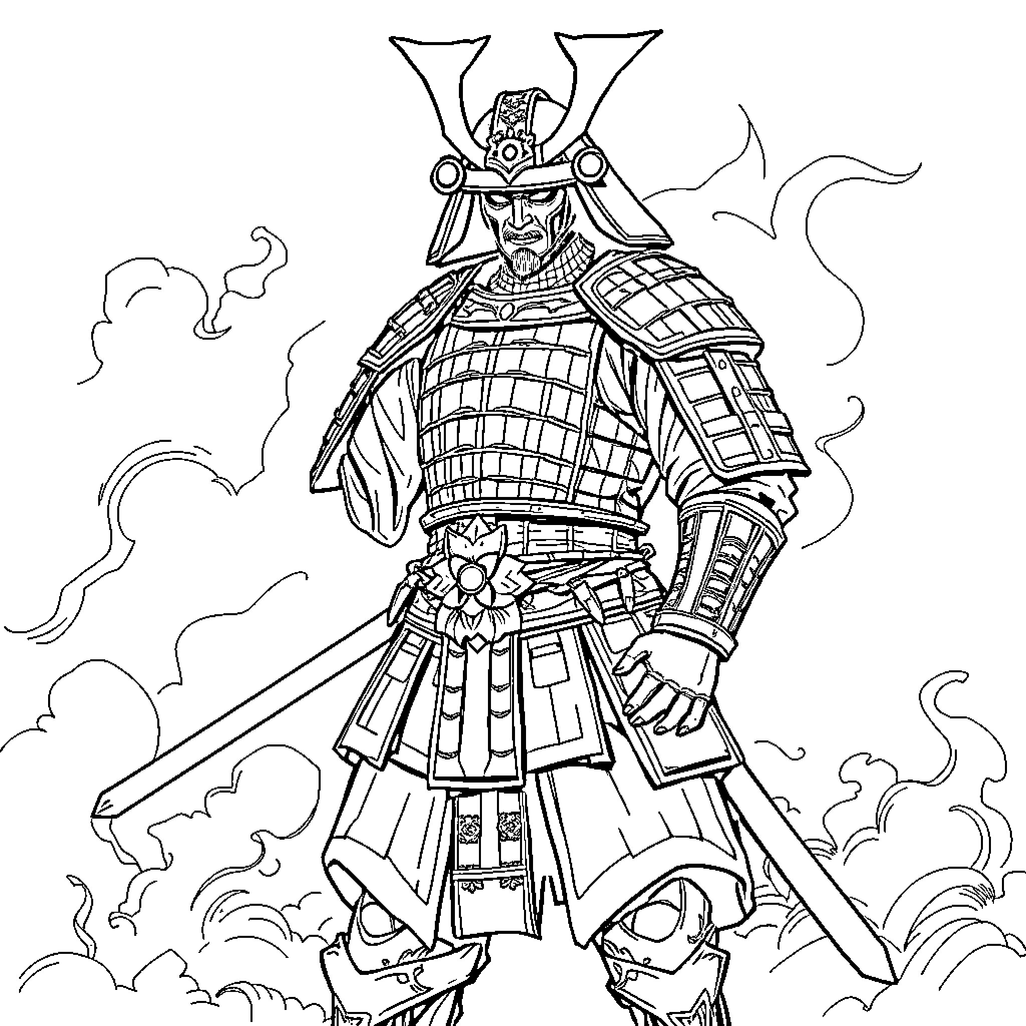 Armor-clad Samurai in Dramatic Stance Coloring Page (free black-and-white line drawing printable PDF for all, from beginners to advanced learners, including children, teens, adults, and seniors)