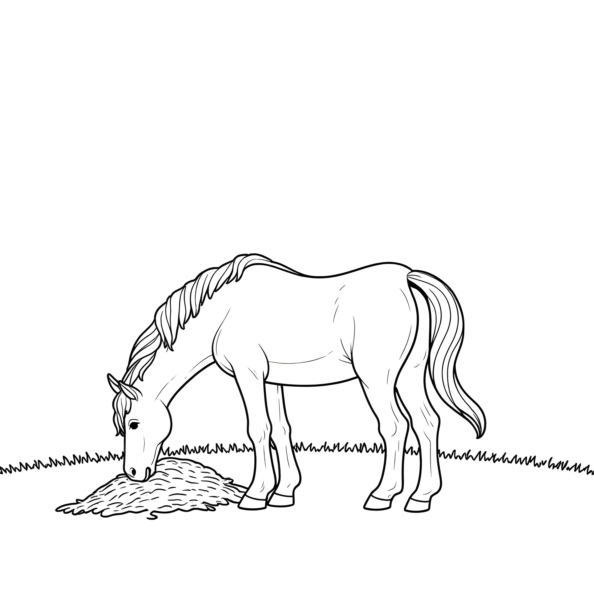 Horse grazing peacefully in the field Coloring Page (free black-and-white line drawing printable PDF for all, from beginners to advanced learners, including children, teens, adults, and seniors)