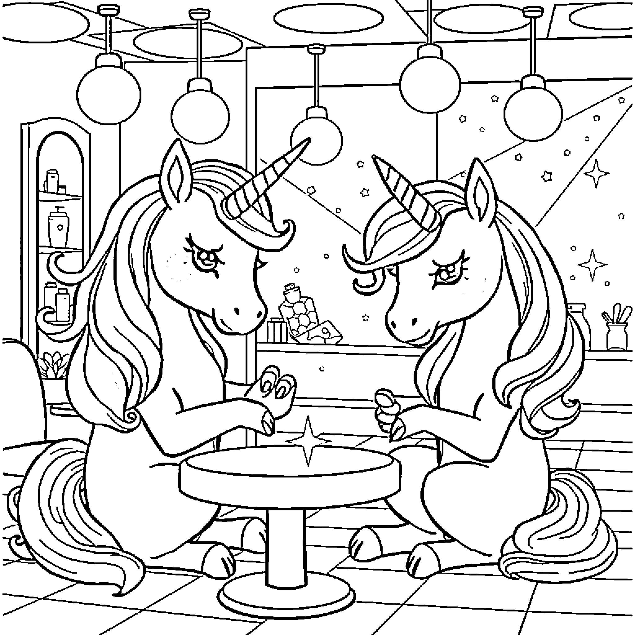 Unicorn friends enjoying a magical tea party Coloring Page (free black-and-white line drawing printable PDF for all, from beginners to advanced learners, including children, teens, adults, and seniors)