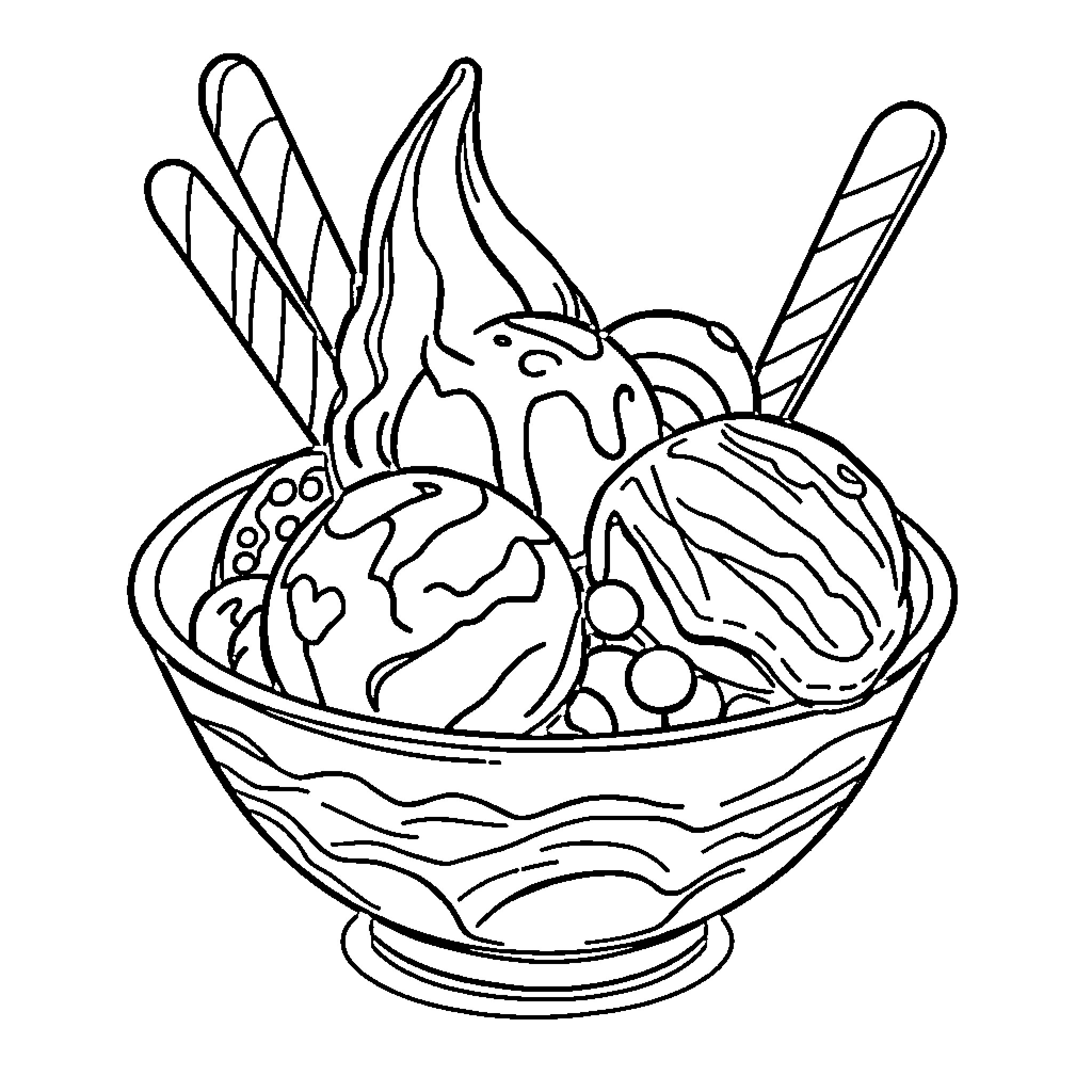 Ice Cream Dessert with Assorted Toppings Coloring Page (free black-and-white line drawing printable PDF for all, from beginners to advanced learners, including children, teens, adults, and seniors)