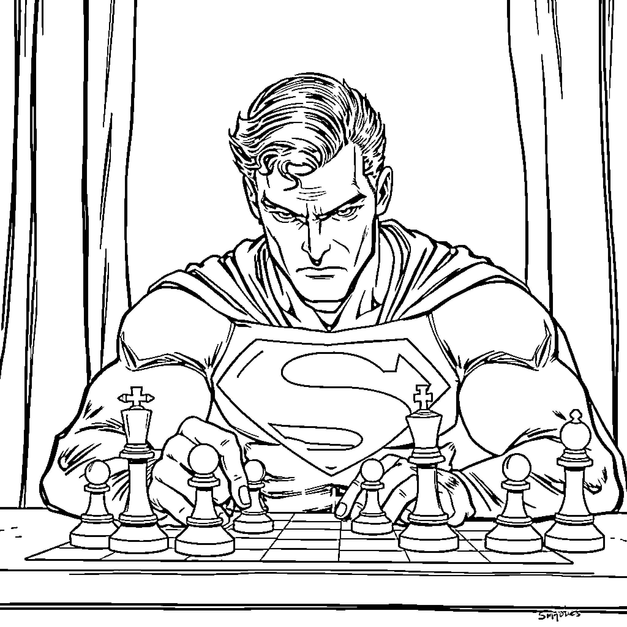 Superman strategizing his next move on the chess board Coloring Page (free black-and-white line drawing printable PDF for all, from beginners to advanced learners, including children, teens, adults, and seniors)