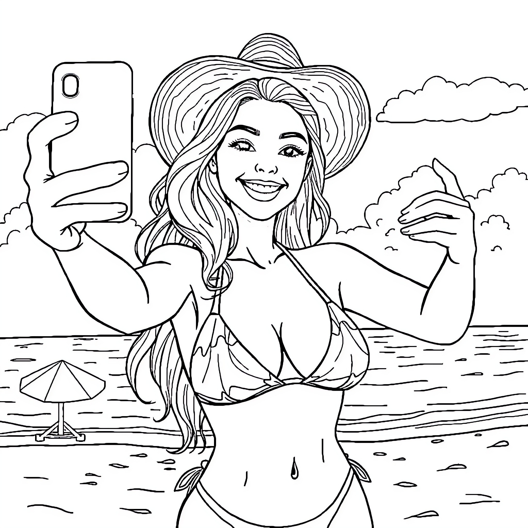 Girl Poses for Selfie on the Beach Coloring Page (free black-and-white line drawing printable PDF for all, from beginners to advanced learners, including children, teens, adults, and seniors)