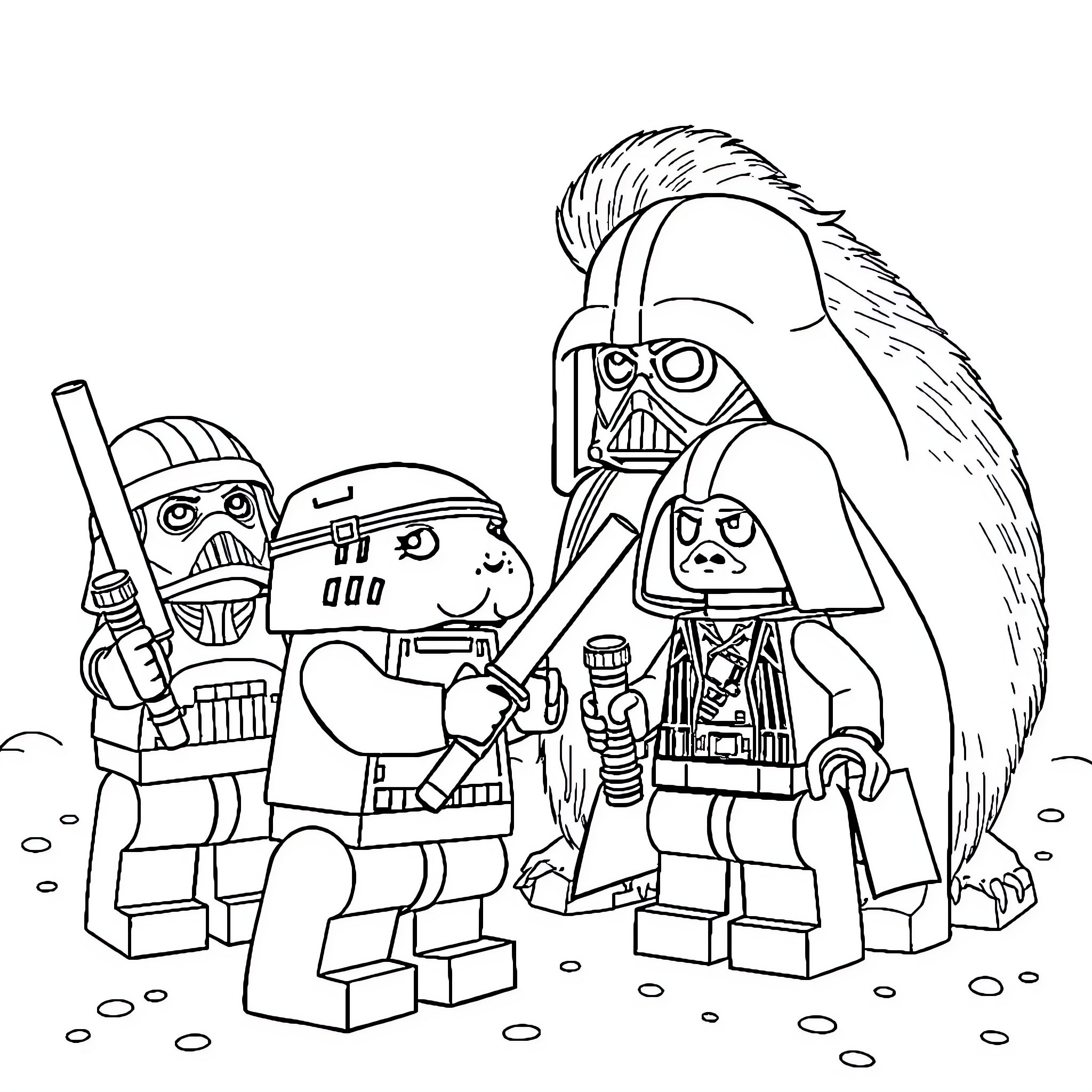 Lego Star Wars characters on a desert landscape Coloring Page (free black-and-white line drawing printable PDF for all, from beginners to advanced learners, including children, teens, adults, and seniors)