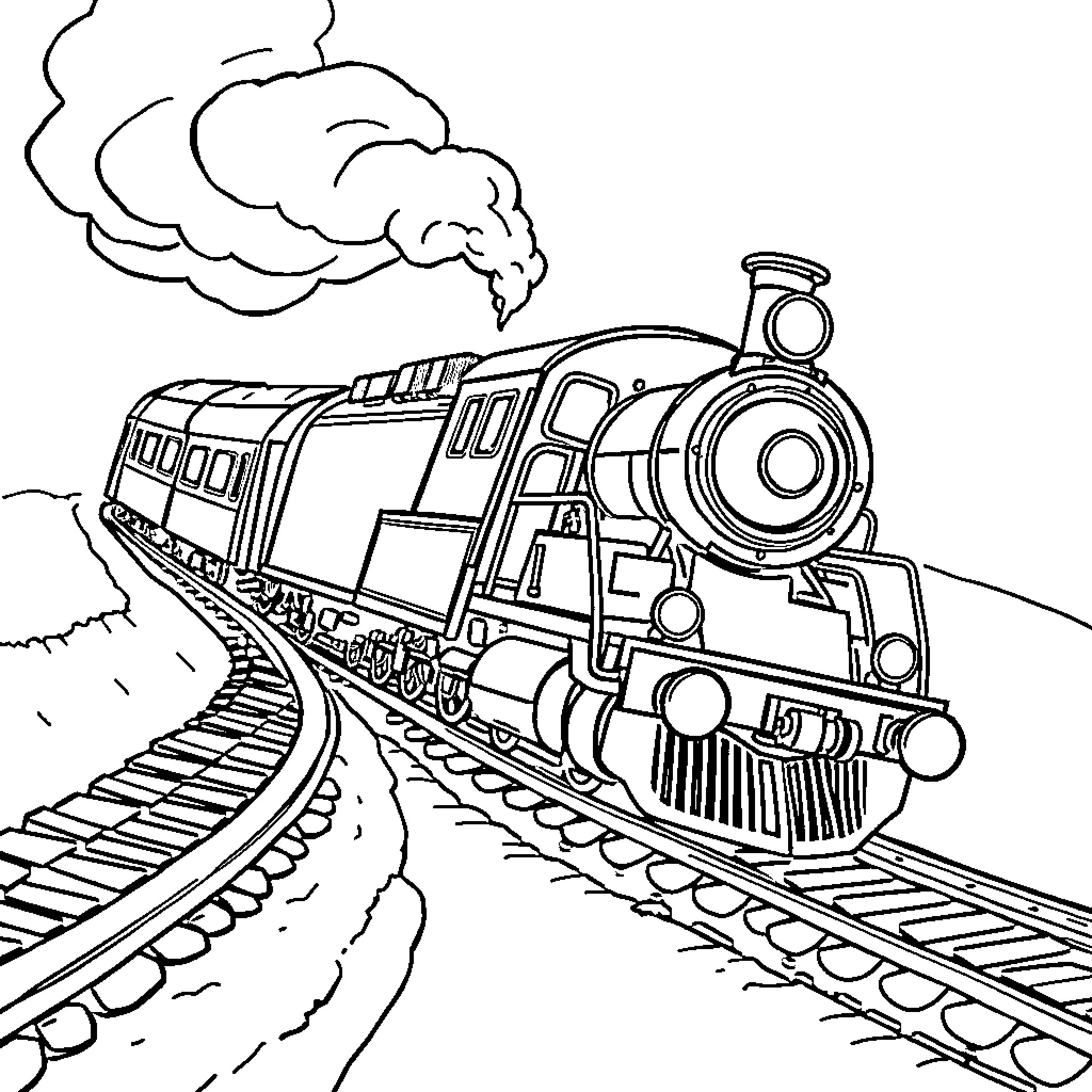Train chugging along the tracks with steam Coloring Page (free black-and-white line drawing printable PDF for all, from beginners to advanced learners, including children, teens, adults, and seniors)