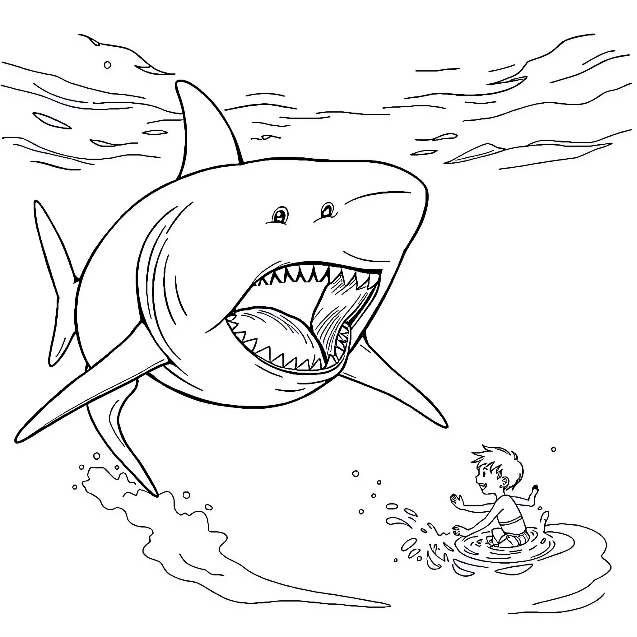 Shark chasing a person in the water Coloring Page (free black-and-white line drawing printable PDF for all, from beginners to advanced learners, including children, teens, adults, and seniors)