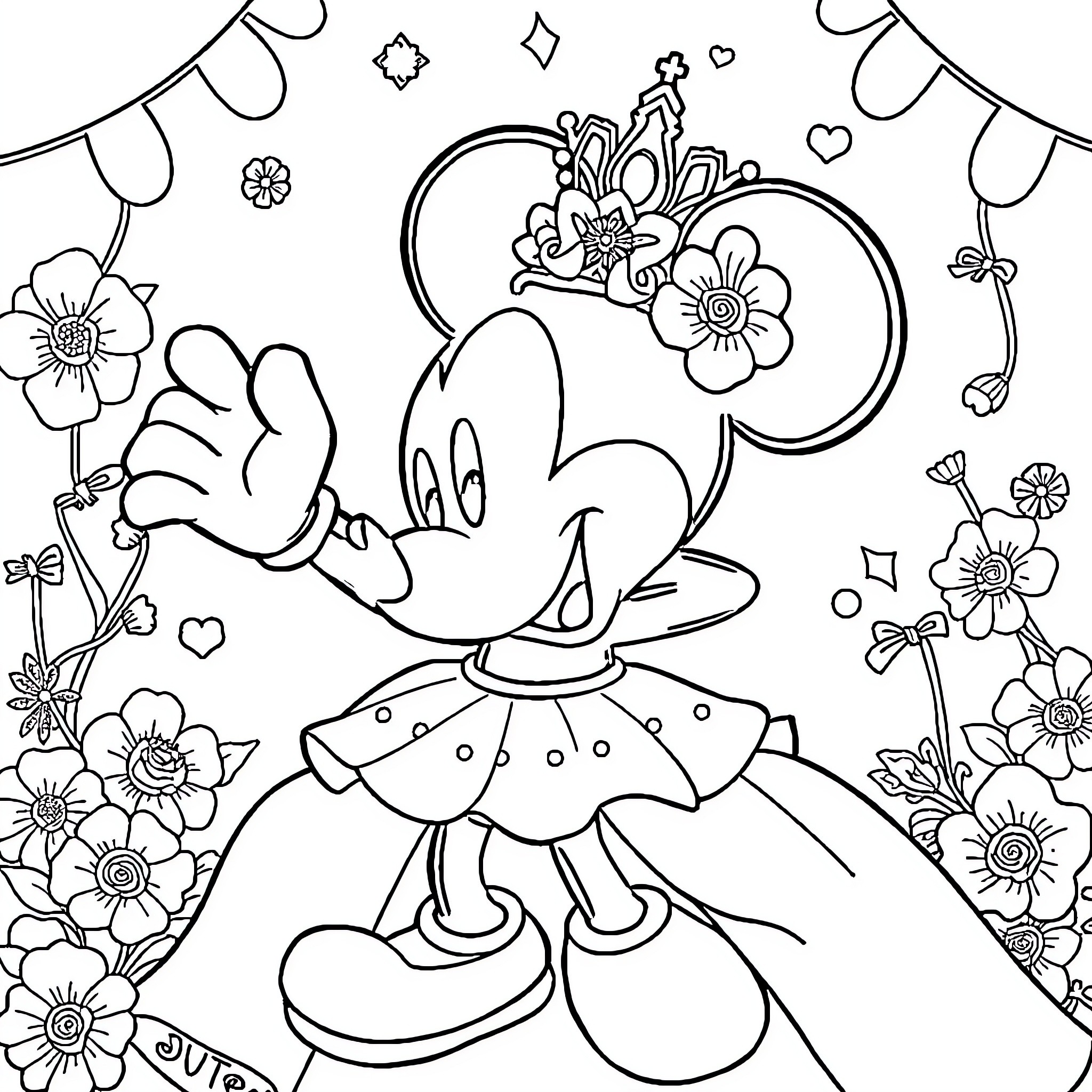 Mickey Mouse Surrounded by Whimsical Flowers and Patterns Coloring Page (free black-and-white line drawing printable PDF for all, from beginners to advanced learners, including children, teens, adults, and seniors)