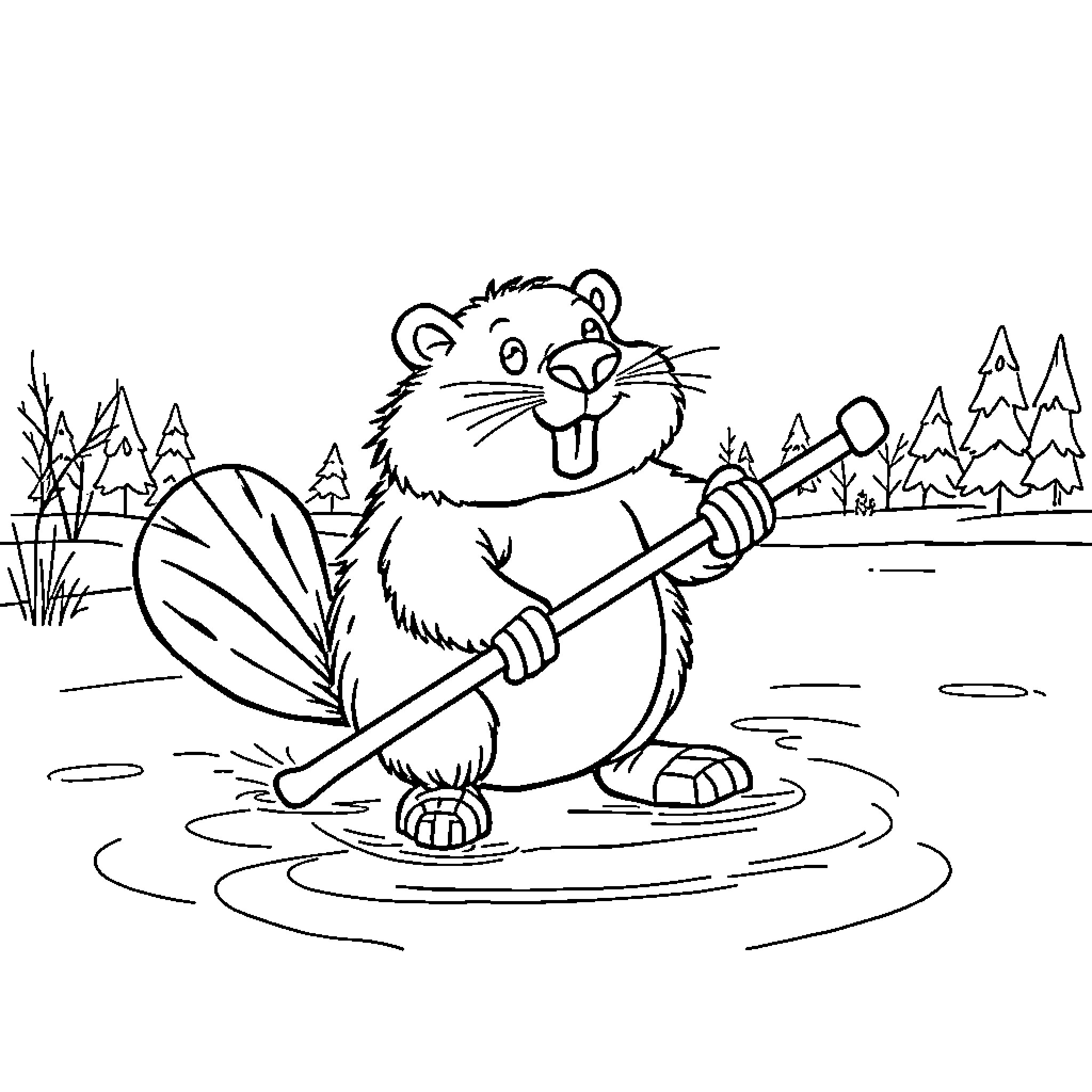 Beaver enjoying activities in natural environment Coloring Page (free black-and-white line drawing printable PDF for all, from beginners to advanced learners, including children, teens, adults, and seniors)