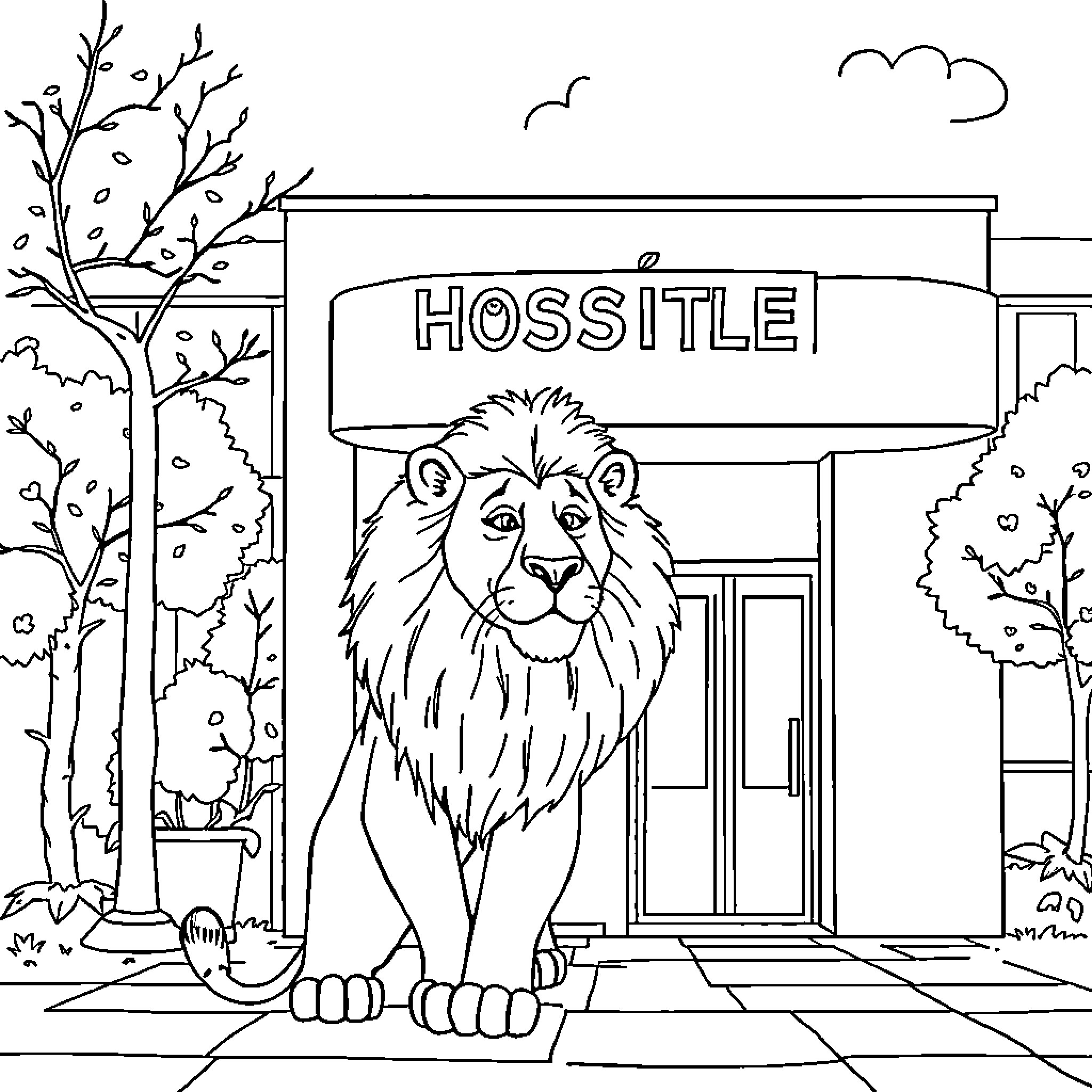 Lion guarding a hostile location Coloring Page (free black-and-white line drawing printable PDF for all, from beginners to advanced learners, including children, teens, adults, and seniors)