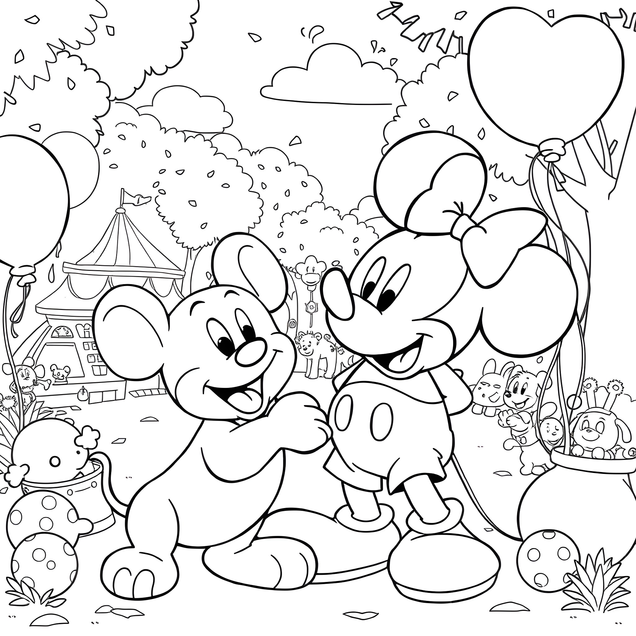 Mickey Mouse and Friends at the Carnival Coloring Page (free black-and-white line drawing printable PDF for all, from beginners to advanced learners, including children, teens, adults, and seniors)