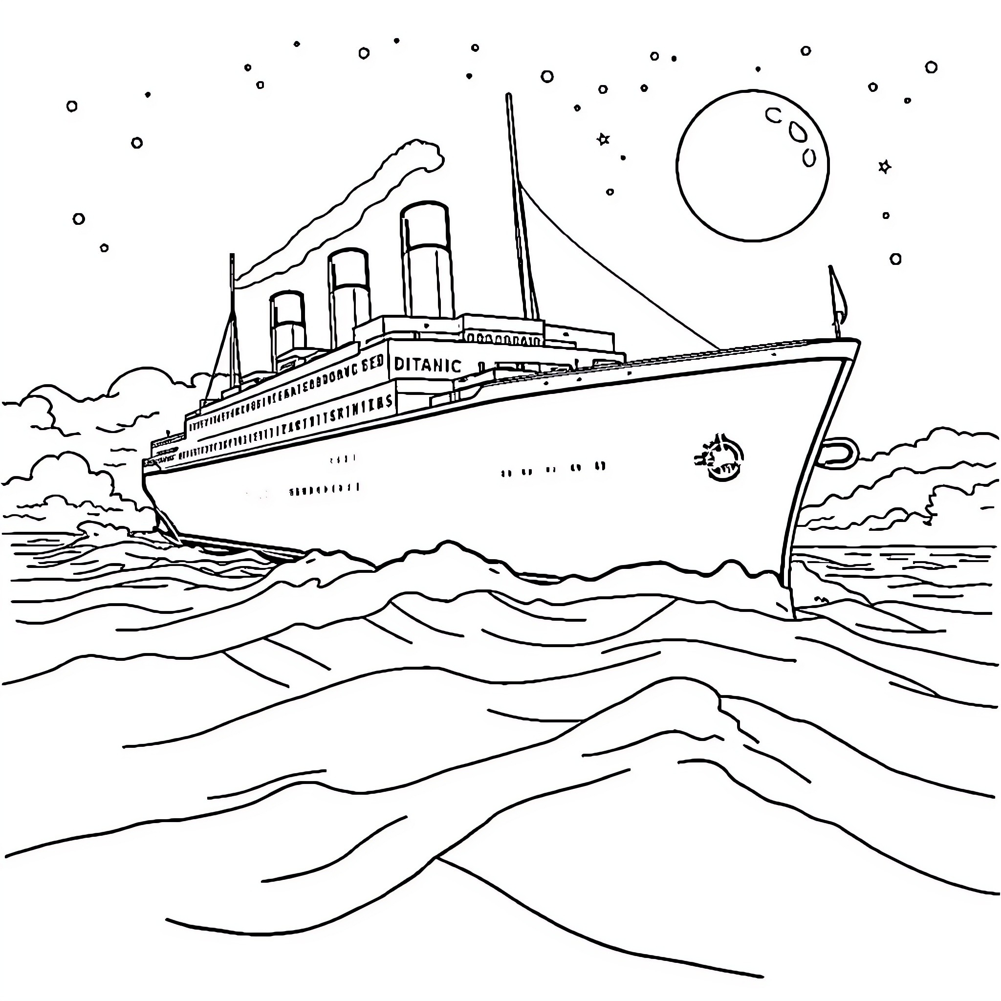 Titanic voyage under the starry night sky Coloring Page (free black-and-white line drawing printable PDF for all, from beginners to advanced learners, including children, teens, adults, and seniors)