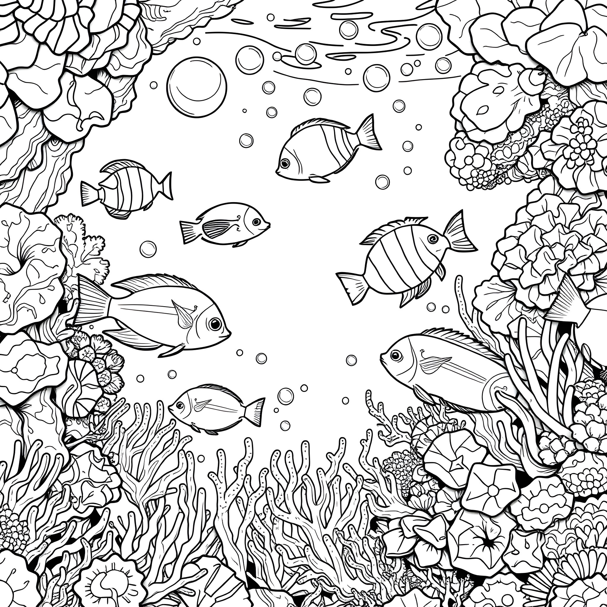 Fish swimming in vibrant undersea garden Coloring Page (free black-and-white line drawing printable PDF for all, from beginners to advanced learners, including children, teens, adults, and seniors)