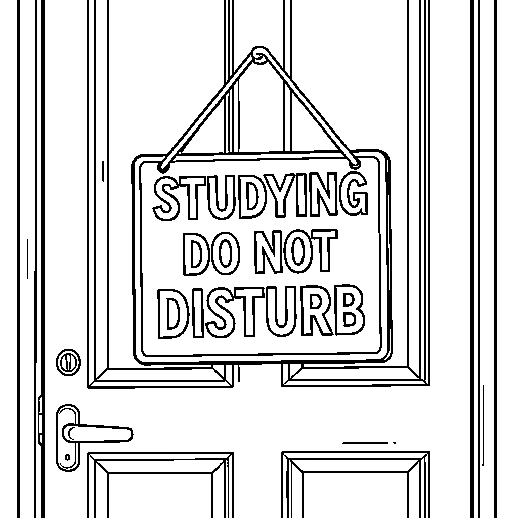 Study sign hanging on a closed door Coloring Page (free black-and-white line drawing printable PDF for all, from beginners to advanced learners, including children, teens, adults, and seniors)