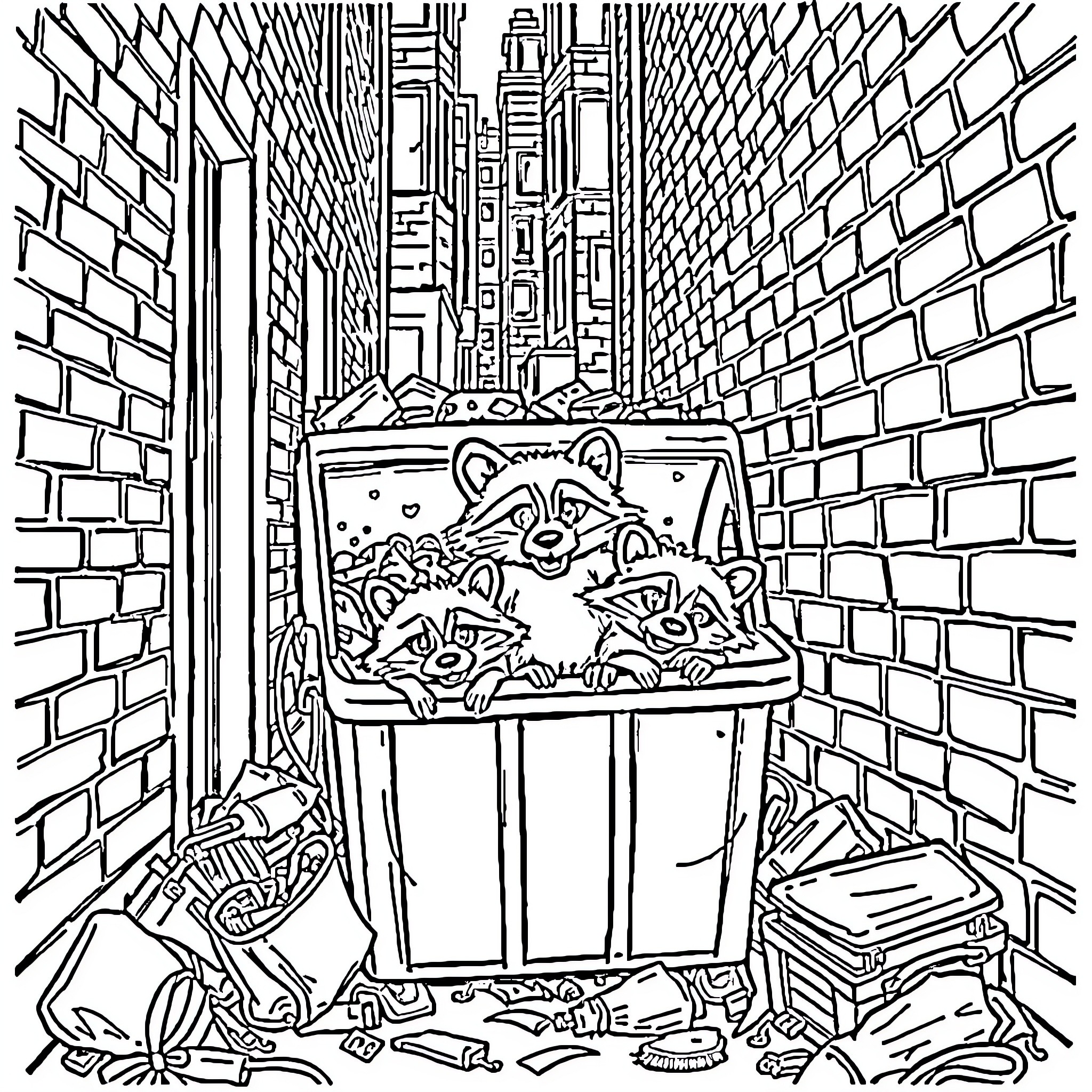 Raccoon foraging in the alley Coloring Page (free black-and-white line drawing printable PDF for all, from beginners to advanced learners, including children, teens, adults, and seniors)
