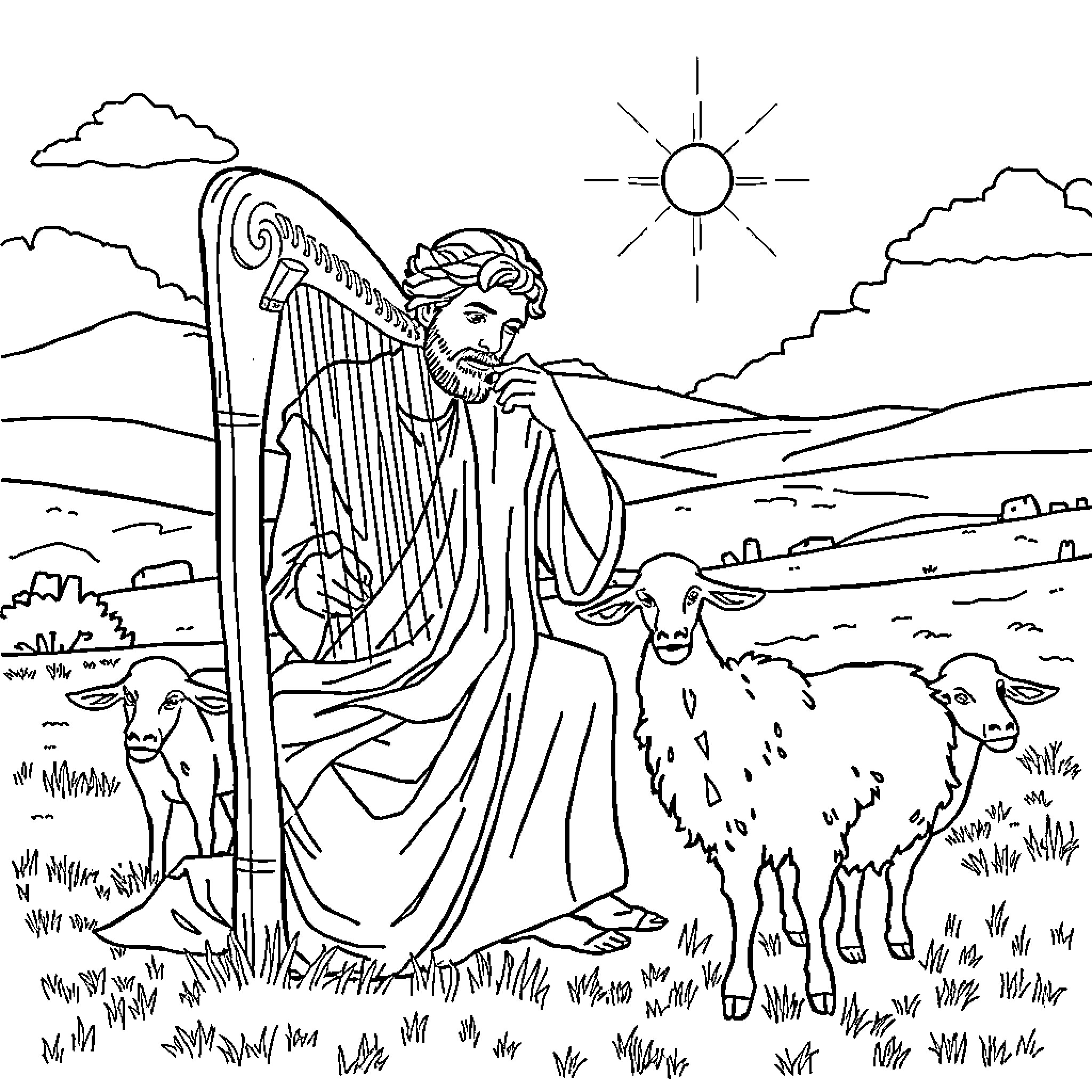 Rey playing harp with sheep in countryside Coloring Page (free black-and-white line drawing printable PDF for all, from beginners to advanced learners, including children, teens, adults, and seniors)
