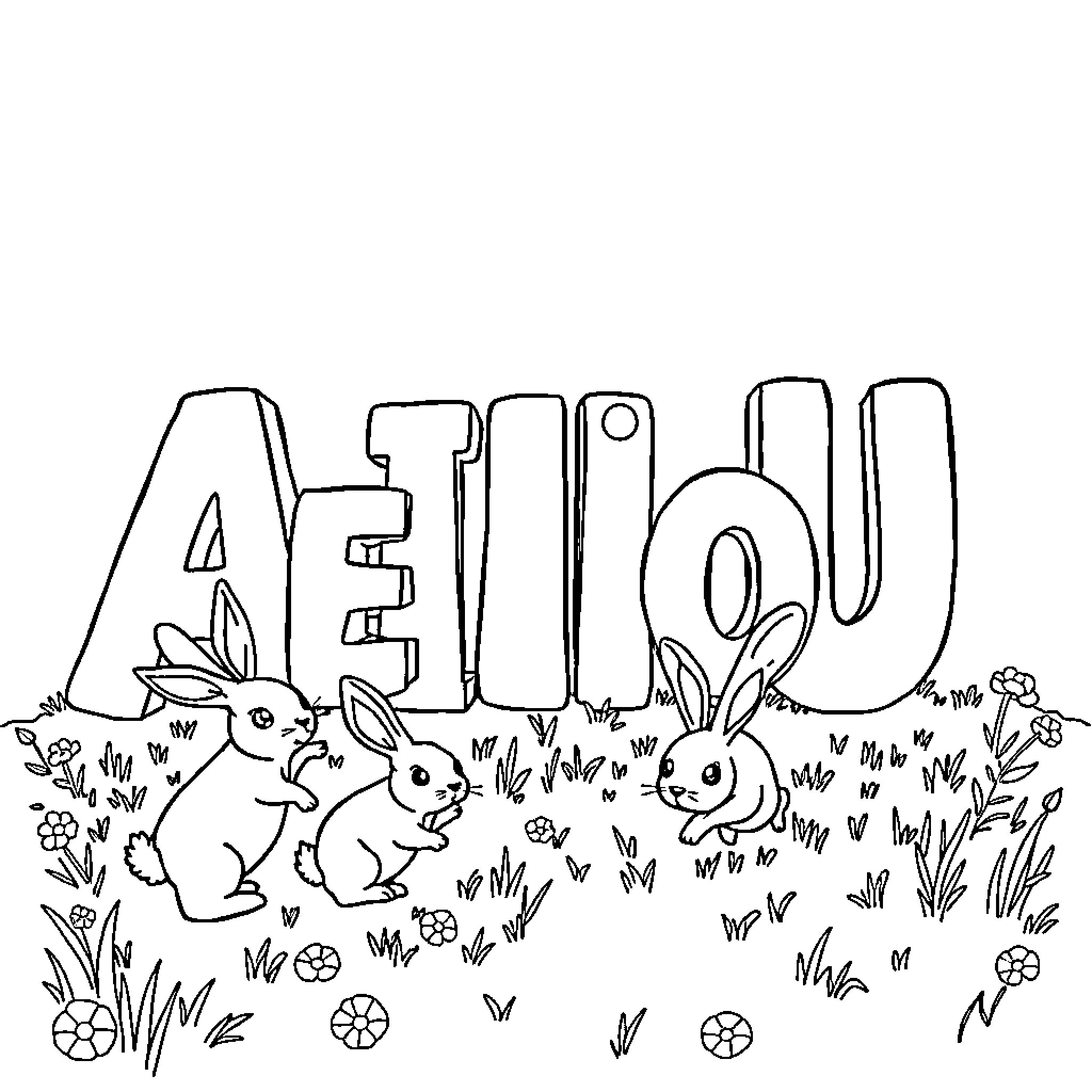 Letters and Bunnies in the Meadow Coloring Page (free black-and-white line drawing printable PDF for all, from beginners to advanced learners, including children, teens, adults, and seniors)