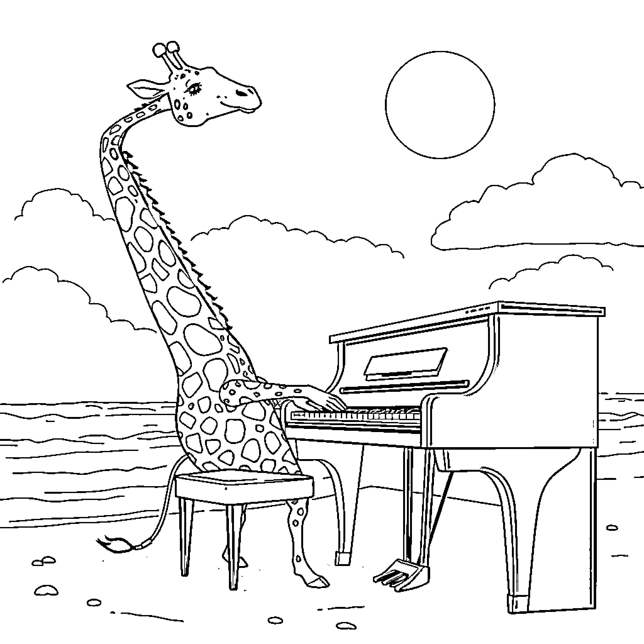 Giraffe playing music on a piano by the ocean Coloring Page (free black-and-white line drawing printable PDF for all, from beginners to advanced learners, including children, teens, adults, and seniors)