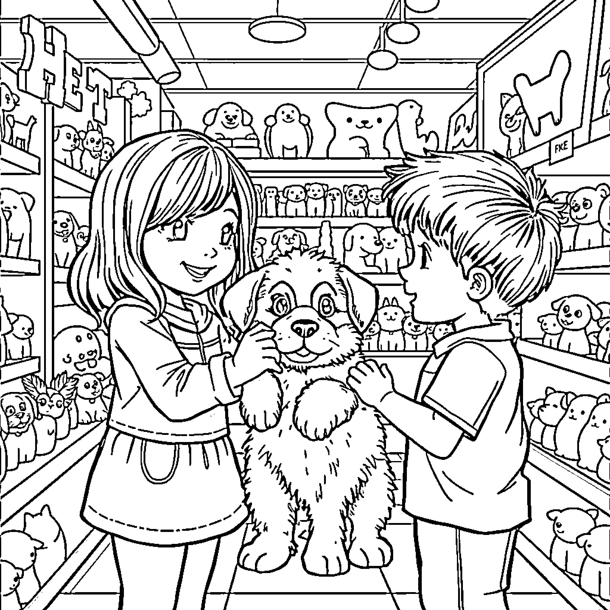 Dog Lovers Exploring Pet Store Together Coloring Page (free black-and-white line drawing printable PDF for all, from beginners to advanced learners, including children, teens, adults, and seniors)