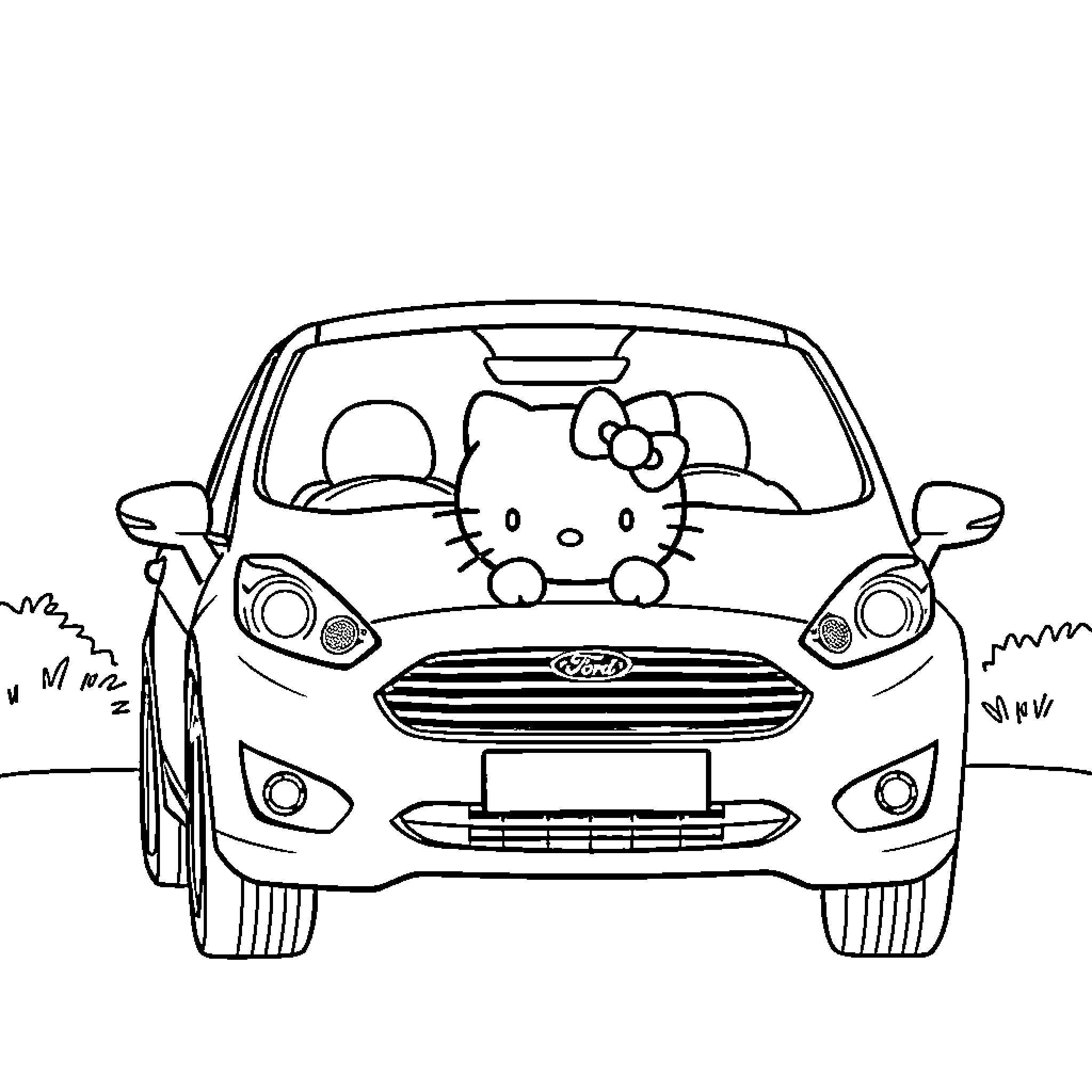Hello Kitty driving a car happily Coloring Page (free black-and-white line drawing printable PDF for all, from beginners to advanced learners, including children, teens, adults, and seniors)