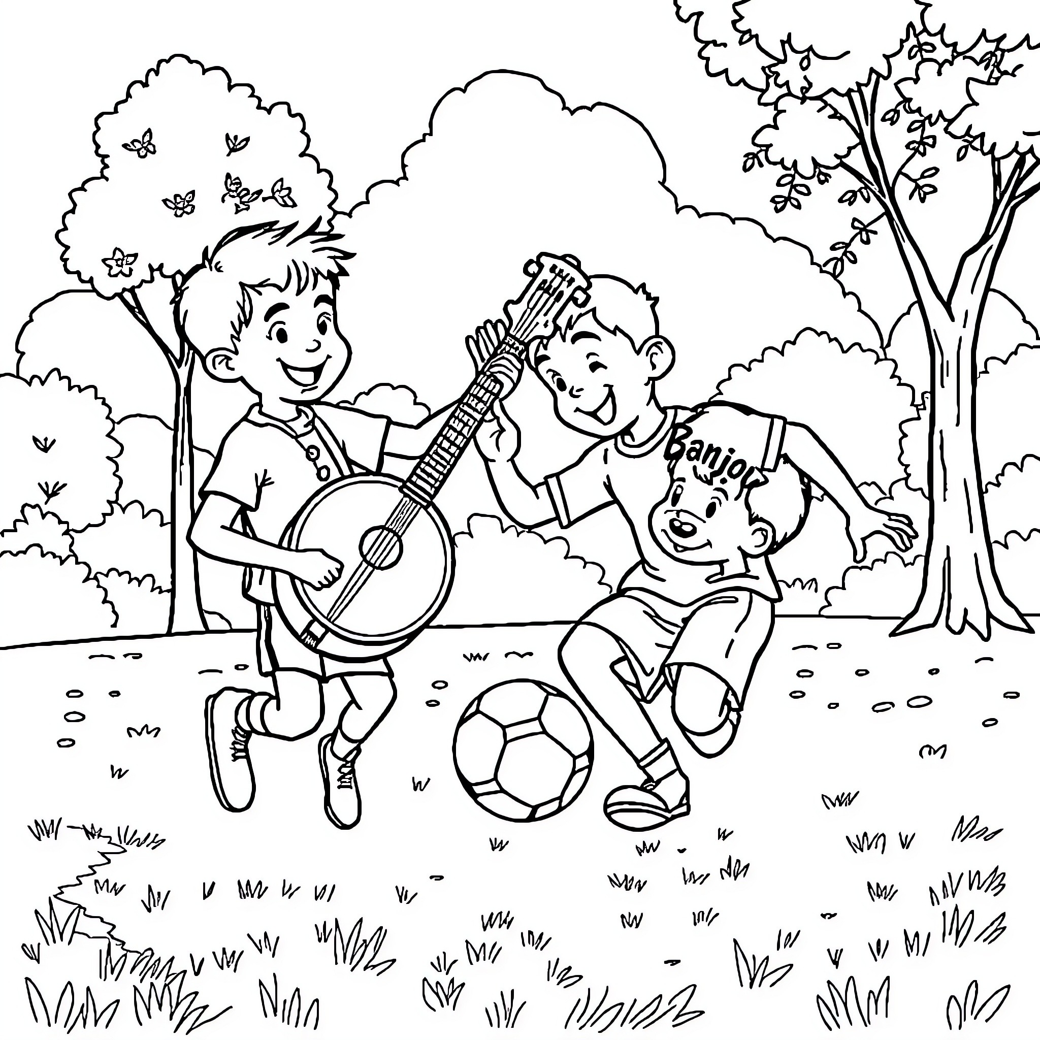 Banjo playing boys enjoying outdoor activities Coloring Page (free black-and-white line drawing printable PDF for all, from beginners to advanced learners, including children, teens, adults, and seniors)