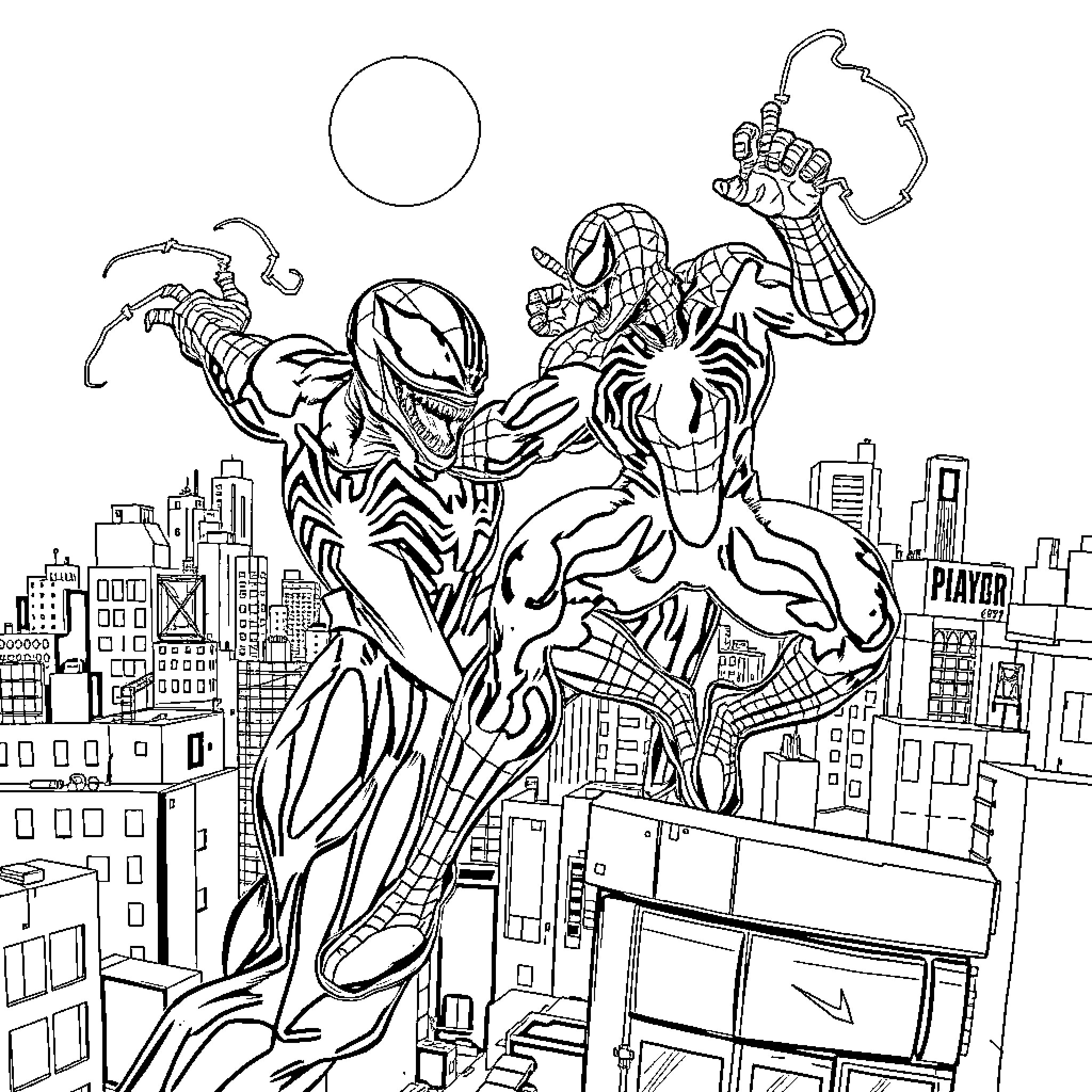 Venom and Spiderman clash over the city Coloring Page (free black-and-white line drawing printable PDF for all, from beginners to advanced learners, including children, teens, adults, and seniors)