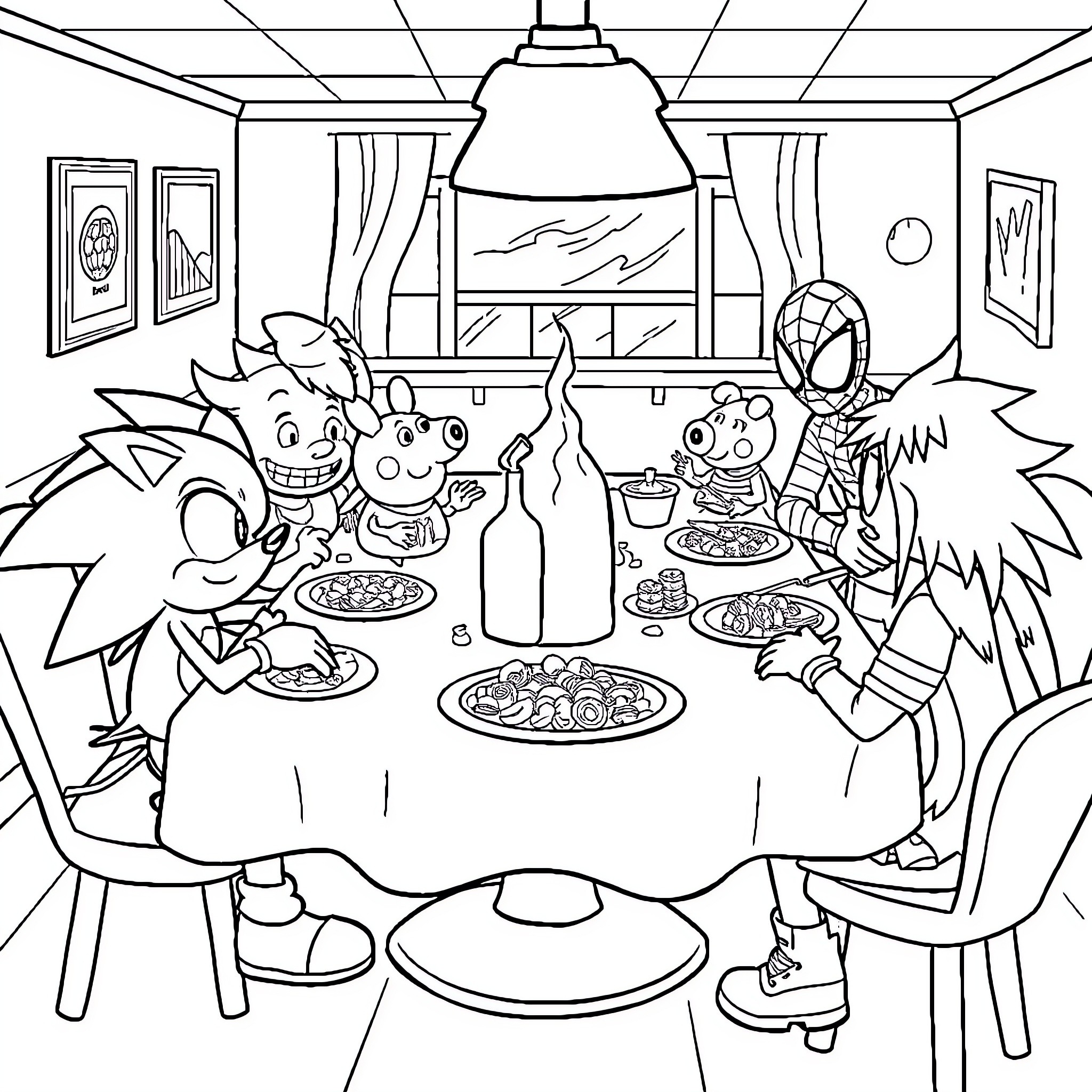 Sonic and Friends Enjoying a Meal Together Coloring Page (free black-and-white line drawing printable PDF for all, from beginners to advanced learners, including children, teens, adults, and seniors)