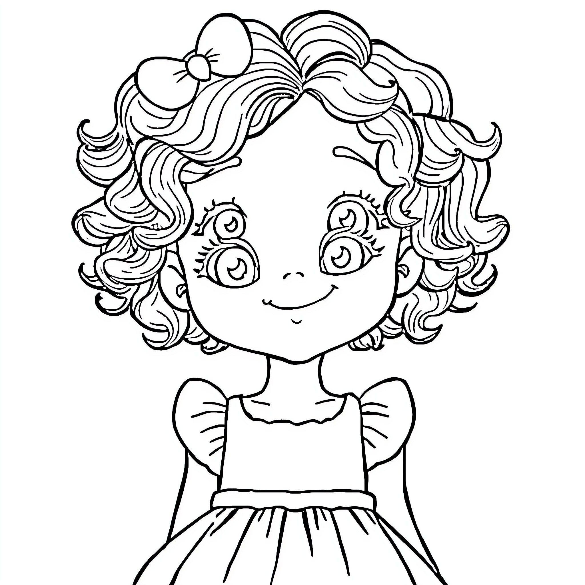 Girl with Curly Hairstyle and Bow Coloring Page (free black-and-white line drawing printable PDF for all, from beginners to advanced learners, including children, teens, adults, and seniors)