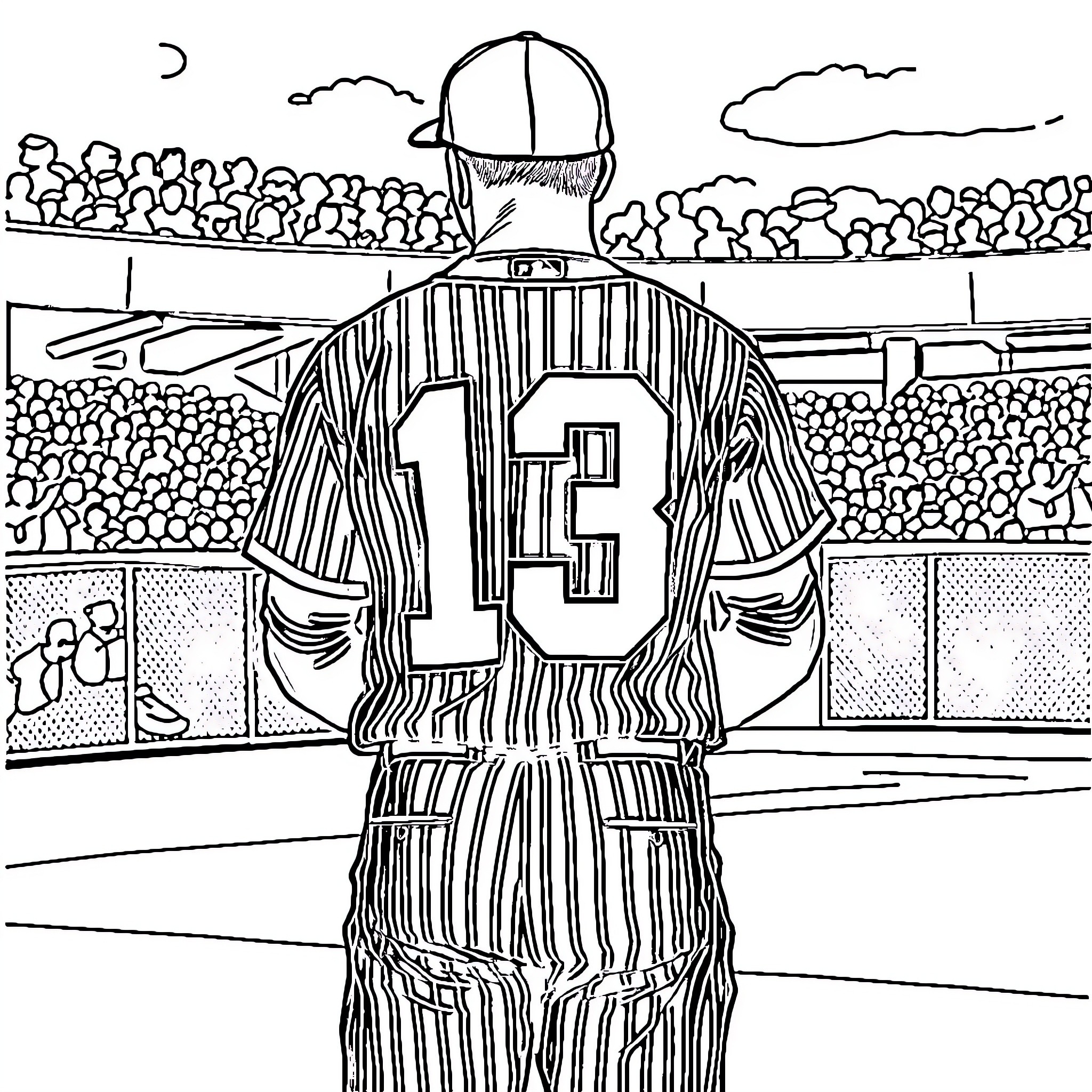 Baseball Player in Striped Uniform on Field Coloring Page (free black-and-white line drawing printable PDF for all, from beginners to advanced learners, including children, teens, adults, and seniors)