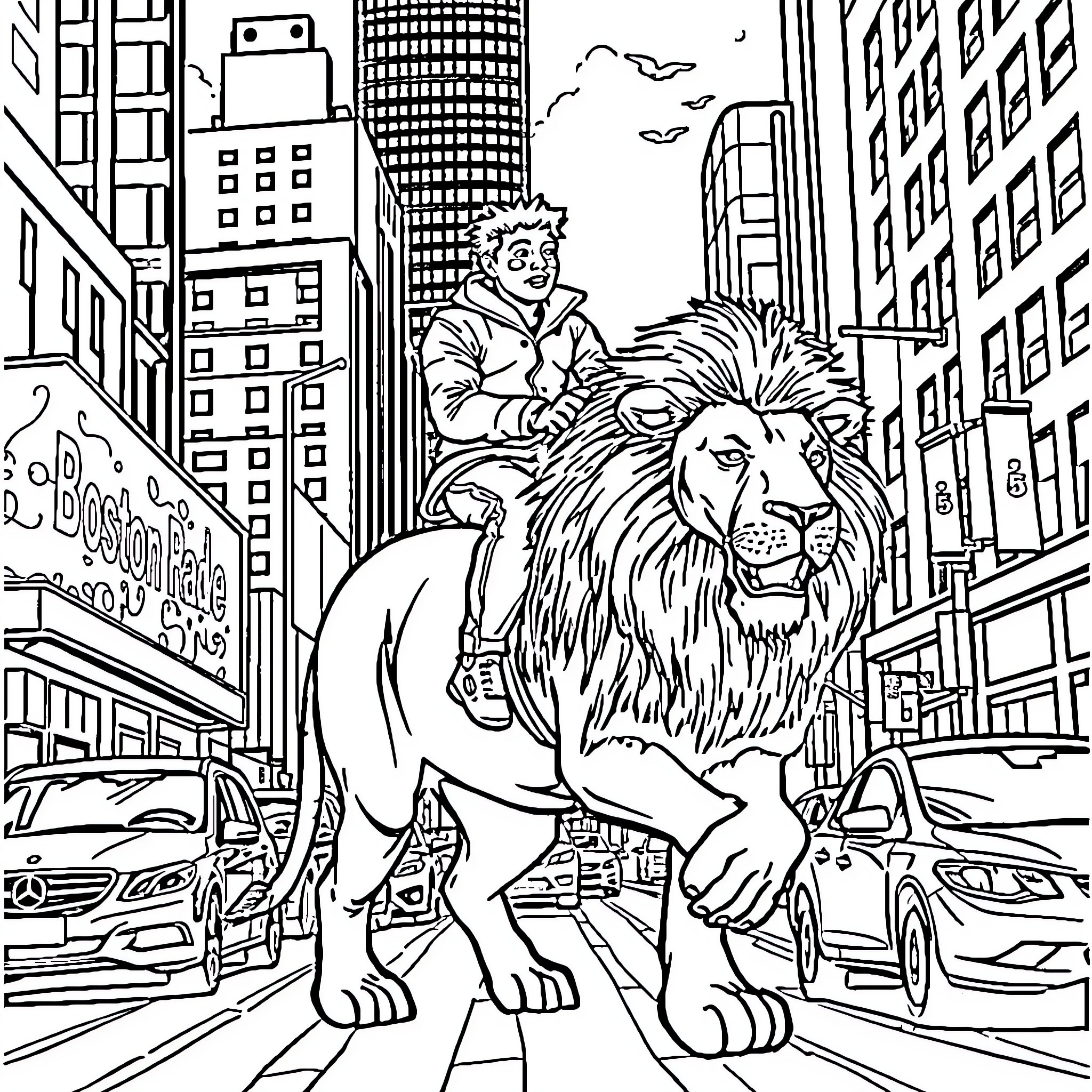 Ronnie Radke riding a mighty lion through the city streets Coloring Page (free black-and-white line drawing printable PDF for all, from beginners to advanced learners, including children, teens, adults, and seniors)