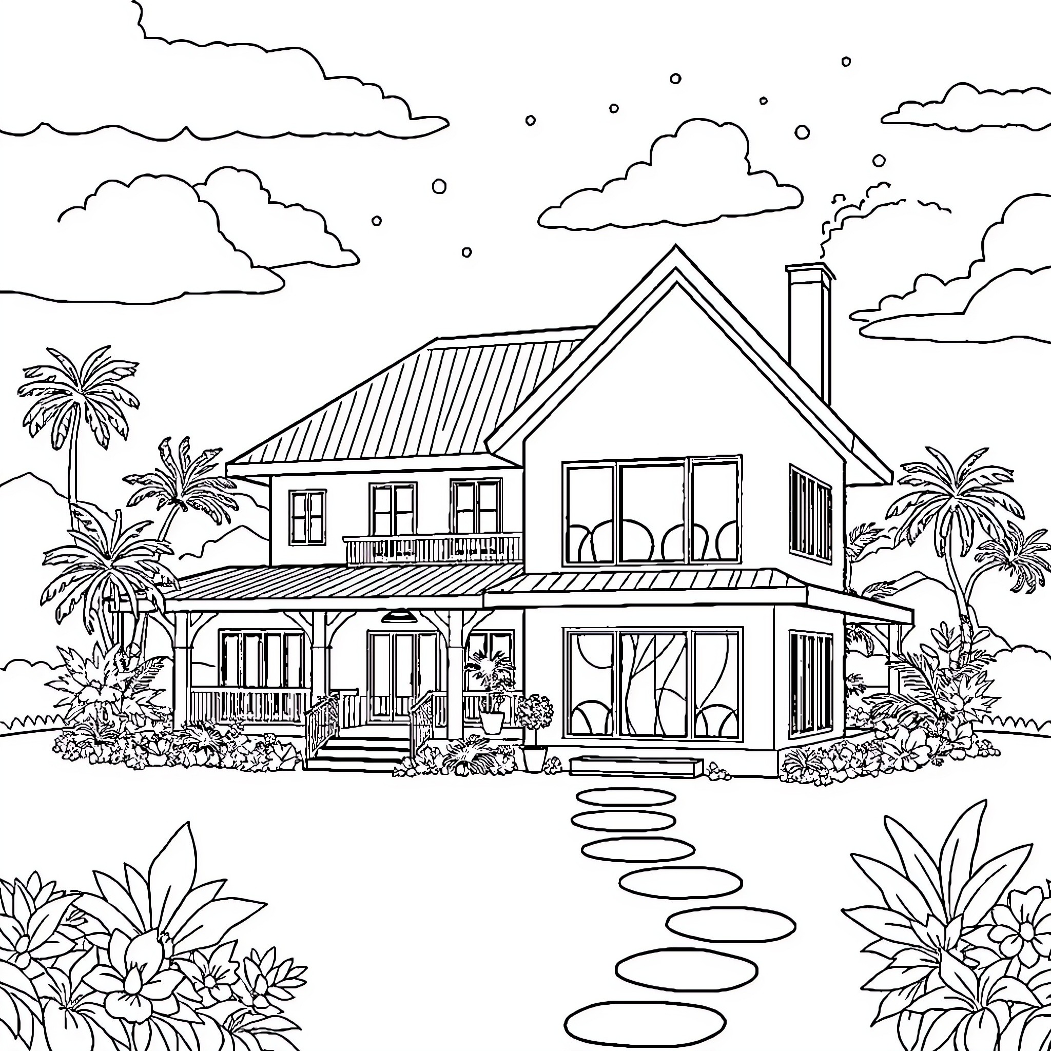 House with porch surrounded by tropical plants Coloring Page (free black-and-white line drawing printable PDF for all, from beginners to advanced learners, including children, teens, adults, and seniors)