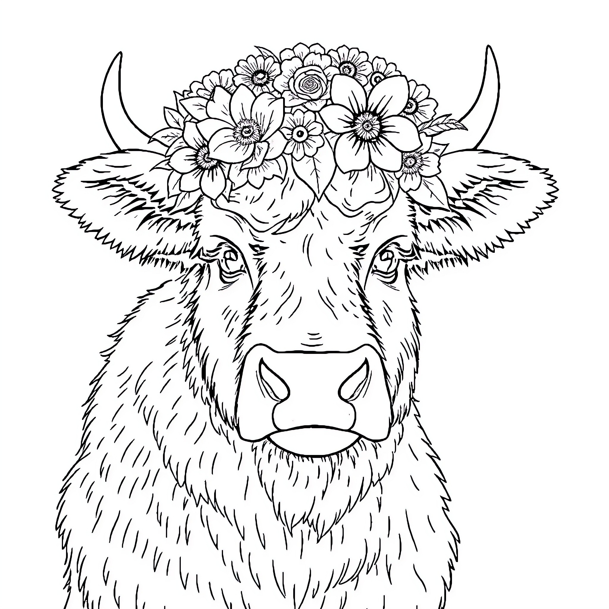 Cow adorned with a floral crown Coloring Page (free black-and-white line drawing printable PDF for all, from beginners to advanced learners, including children, teens, adults, and seniors)