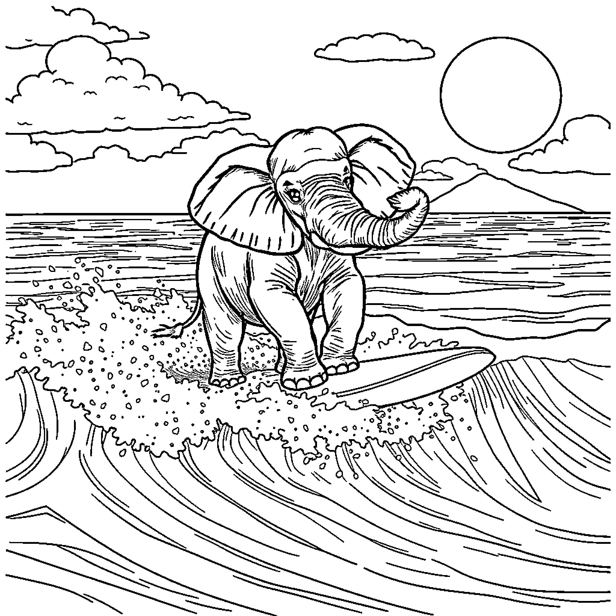 Elephant surfing on waves at the beach Coloring Page (free black-and-white line drawing printable PDF for all, from beginners to advanced learners, including children, teens, adults, and seniors)