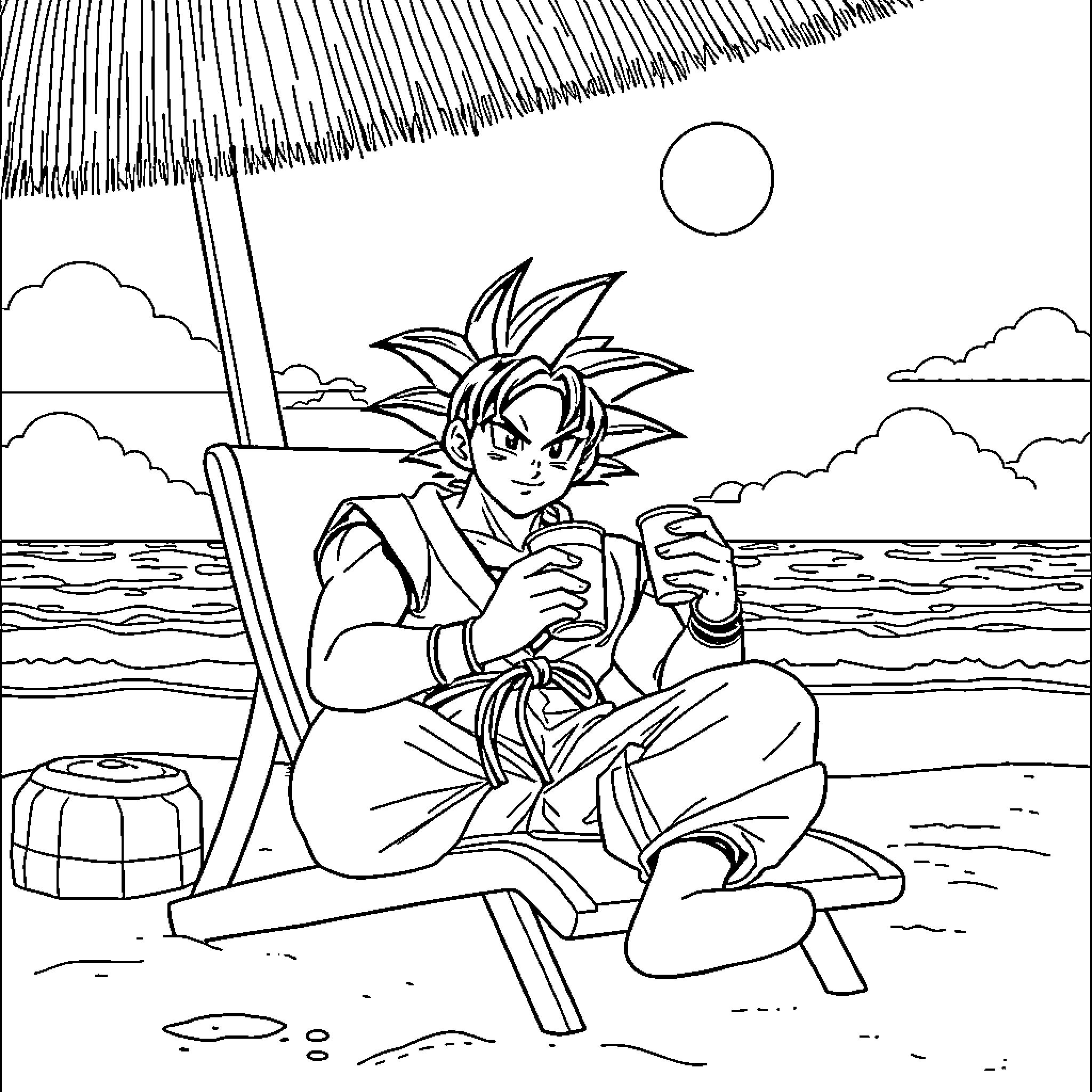 Goku relaxing on a beach with a drink Coloring Page (free black-and-white line drawing printable PDF for all, from beginners to advanced learners, including children, teens, adults, and seniors)