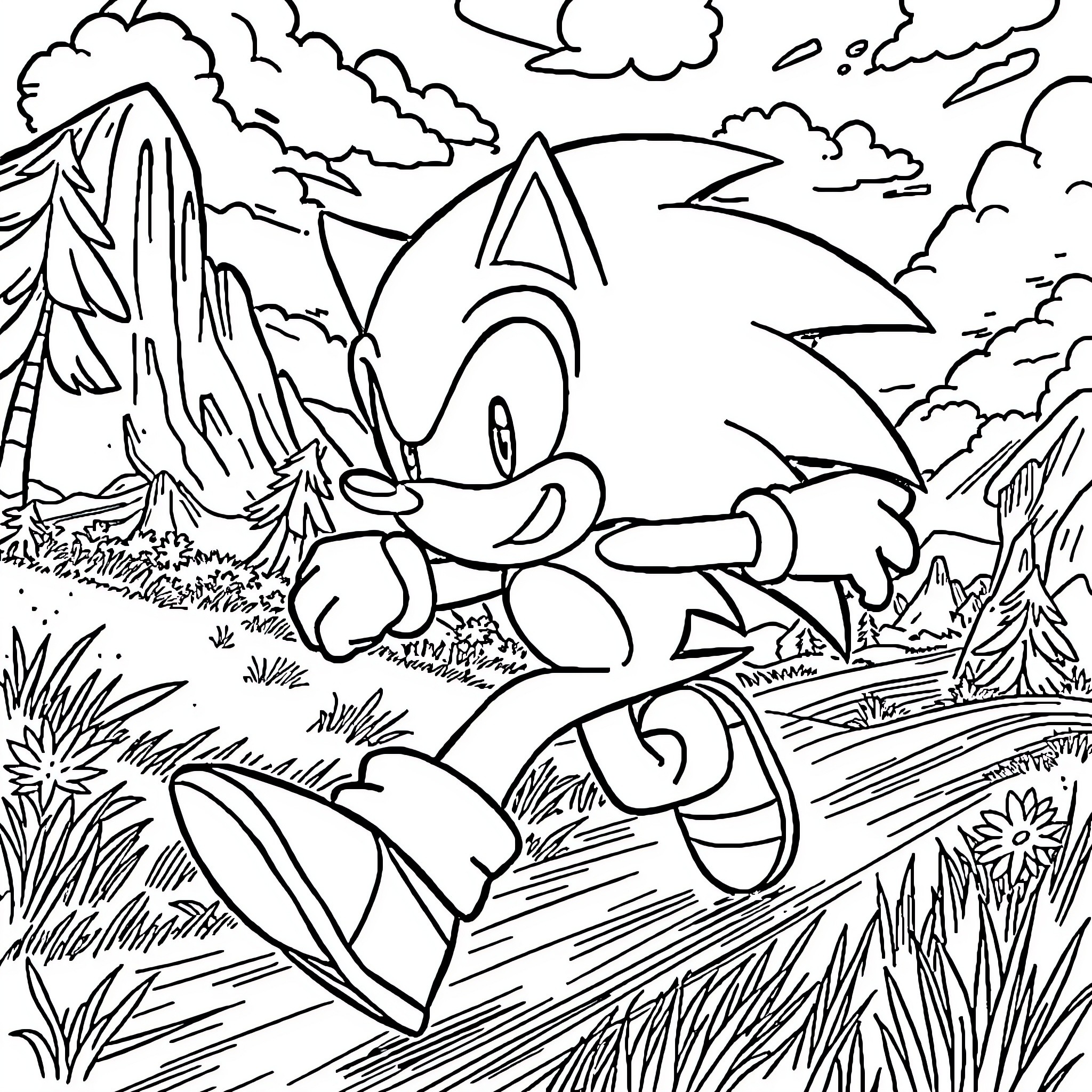 Sonic speeding through the scenic landscape Coloring Page (free black-and-white line drawing printable PDF for all, from beginners to advanced learners, including children, teens, adults, and seniors)