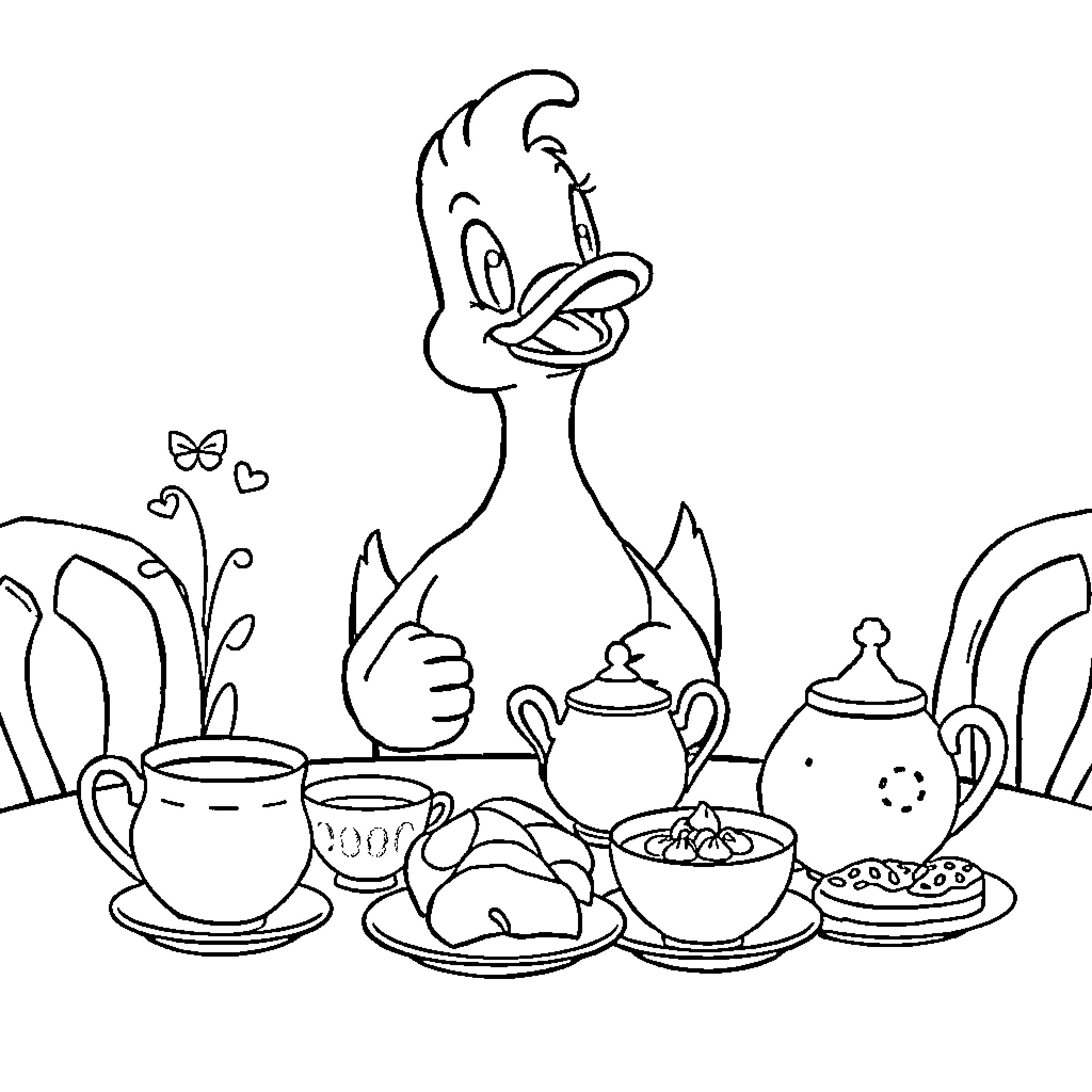 Psyduck enjoying a delightful tea party Coloring Page (free black-and-white line drawing printable PDF for all, from beginners to advanced learners, including children, teens, adults, and seniors)