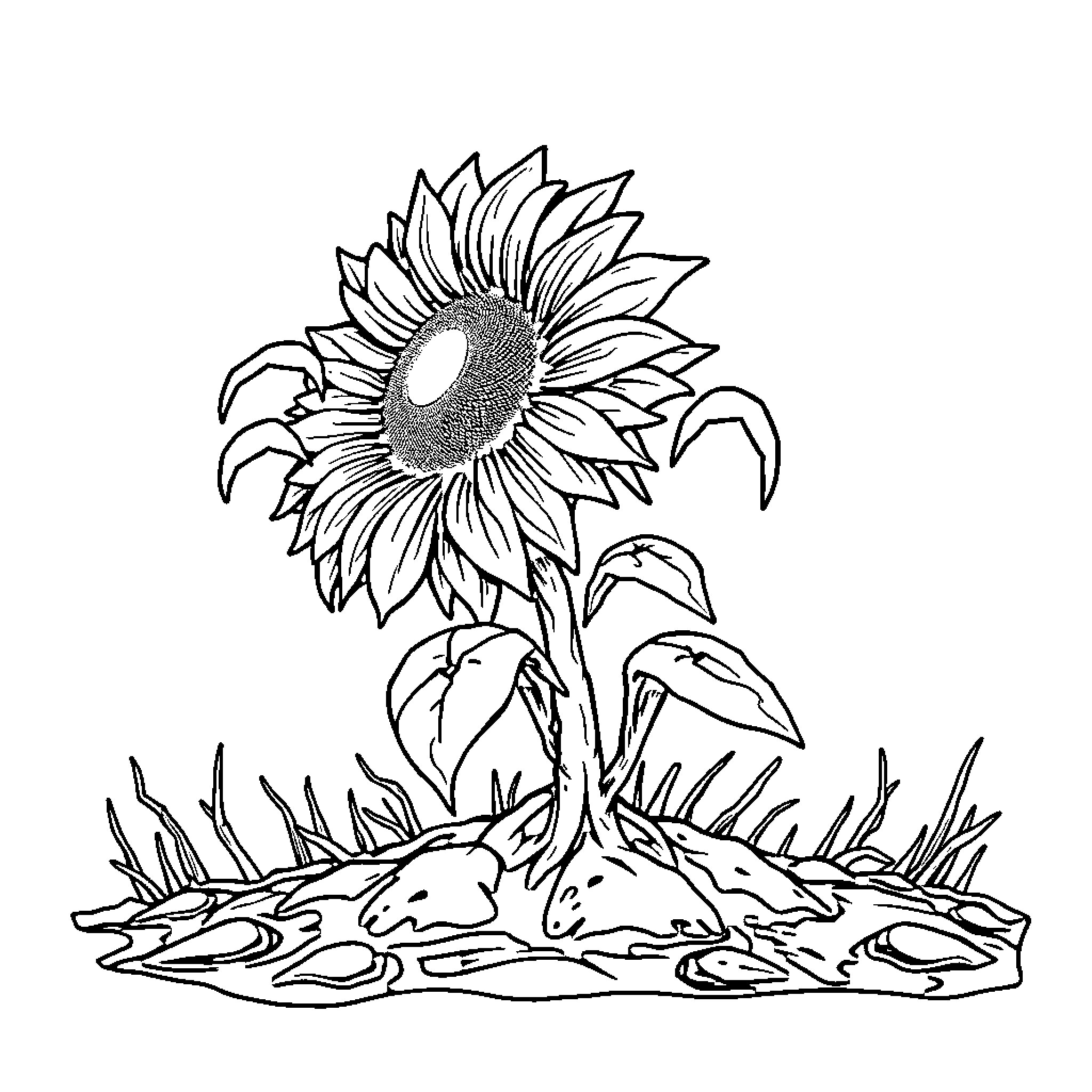 Sunflower growing in natural environment Coloring Page (free black-and-white line drawing printable PDF for all, from beginners to advanced learners, including children, teens, adults, and seniors)
