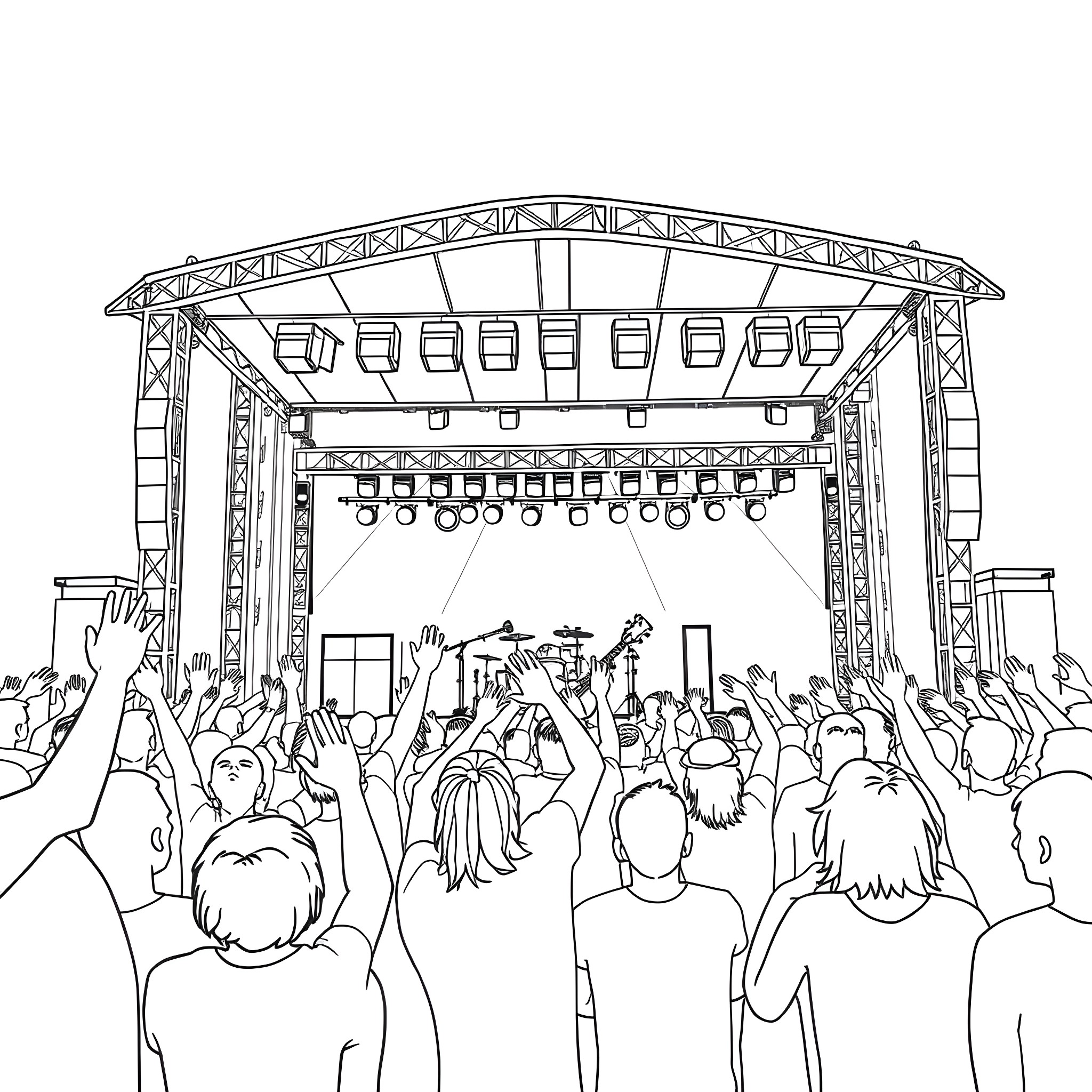 Linken Park performing on stage before a crowd Coloring Page (free black-and-white line drawing printable PDF for all, from beginners to advanced learners, including children, teens, adults, and seniors)