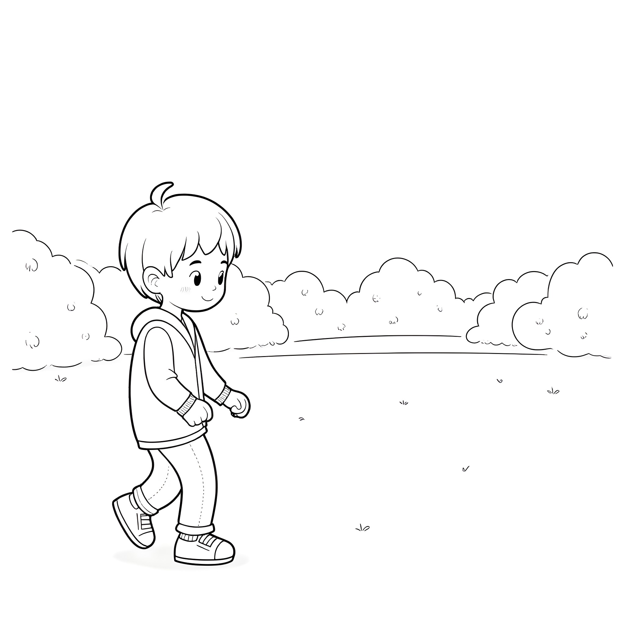 Boy walking alone in a peaceful nature scene Coloring Page (free black-and-white line drawing printable PDF for all, from beginners to advanced learners, including children, teens, adults, and seniors)