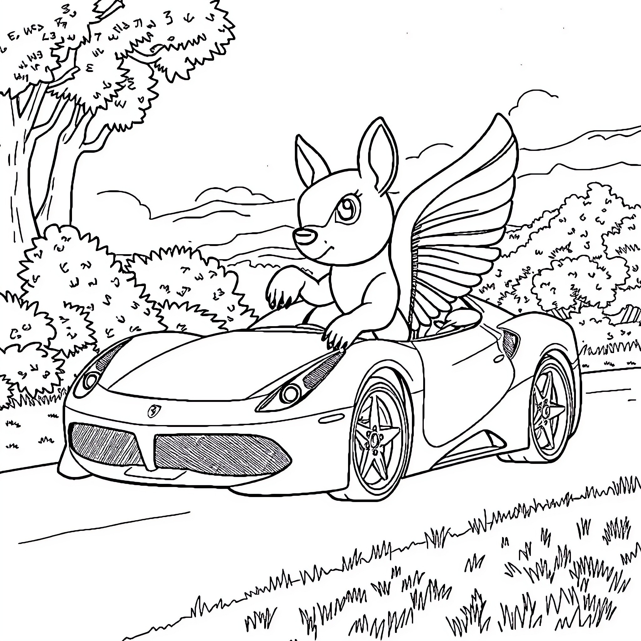 Mickey Mouse's winged animal friend drives a sports car Coloring Page (free black-and-white line drawing printable PDF for all, from beginners to advanced learners, including children, teens, adults, and seniors)