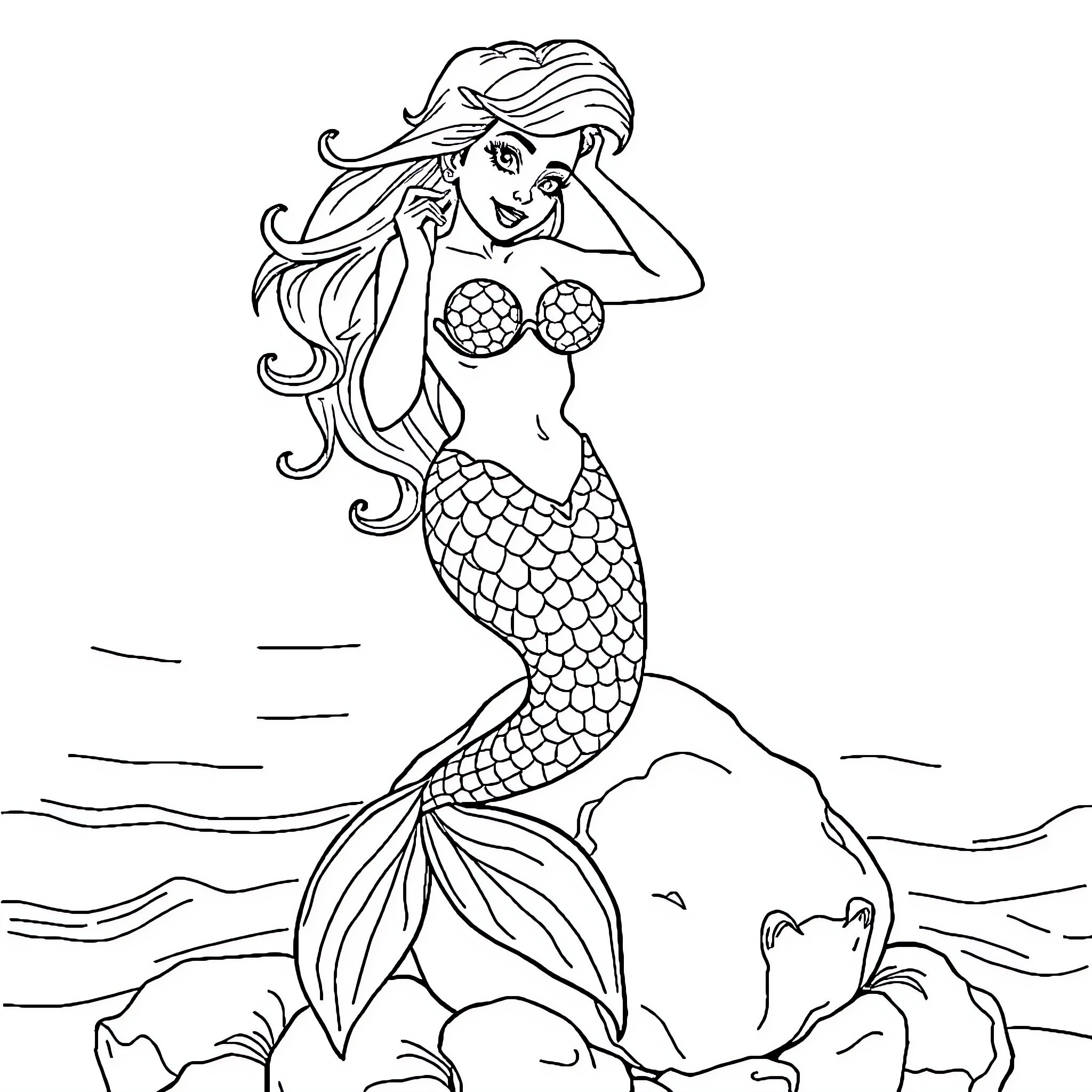 Mermaid relaxing on a rock by the sea Coloring Page (free black-and-white line drawing printable PDF for all, from beginners to advanced learners, including children, teens, adults, and seniors)