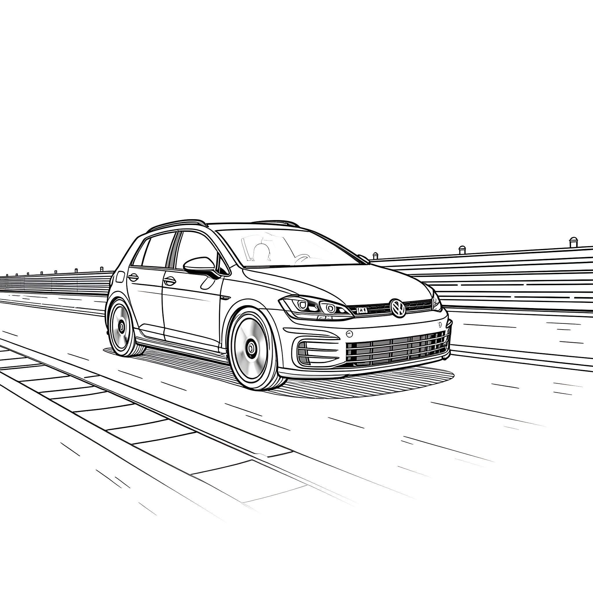 Volkswagen electric hatchback speeding on the highway Coloring Page (free black-and-white line drawing printable PDF for all, from beginners to advanced learners, including children, teens, adults, and seniors)
