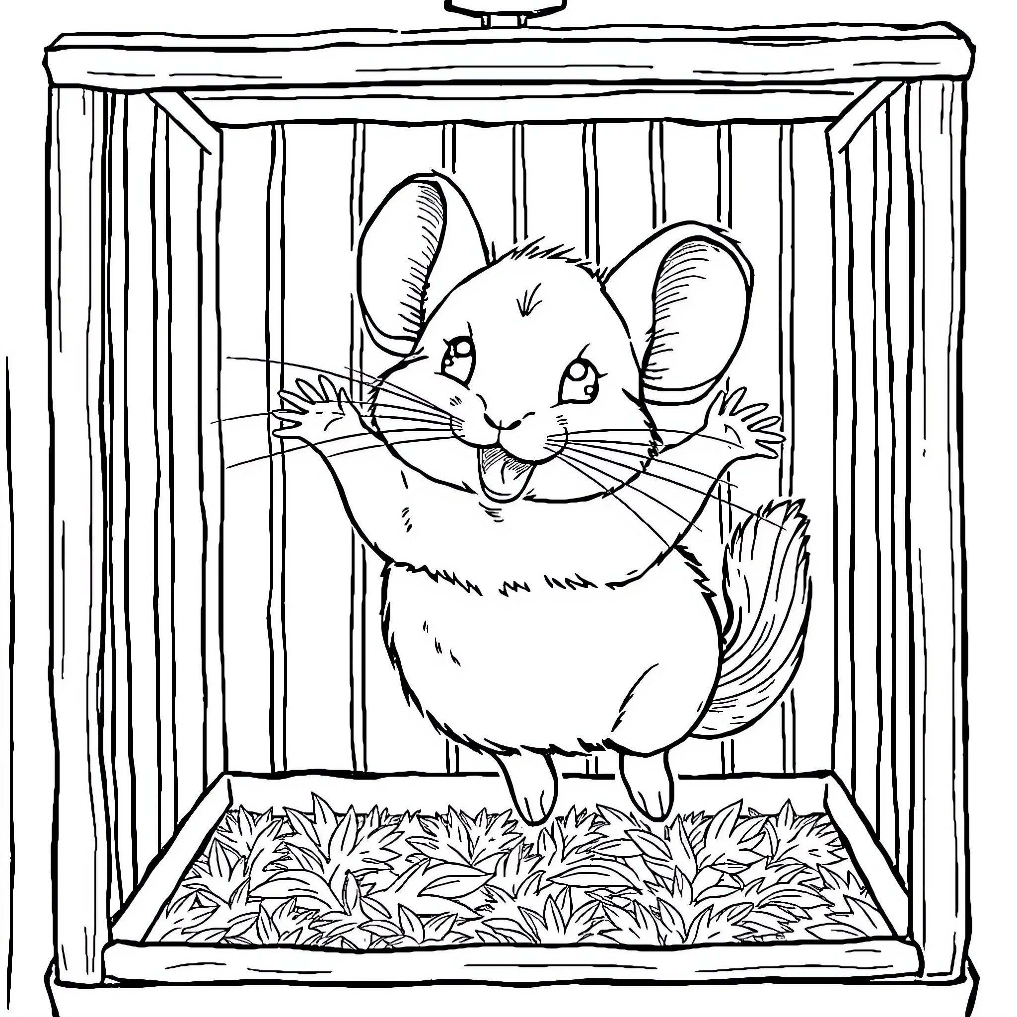 Chinchilla in a Cozy Cage Coloring Page (free black-and-white line drawing printable PDF for all, from beginners to advanced learners, including children, teens, adults, and seniors)